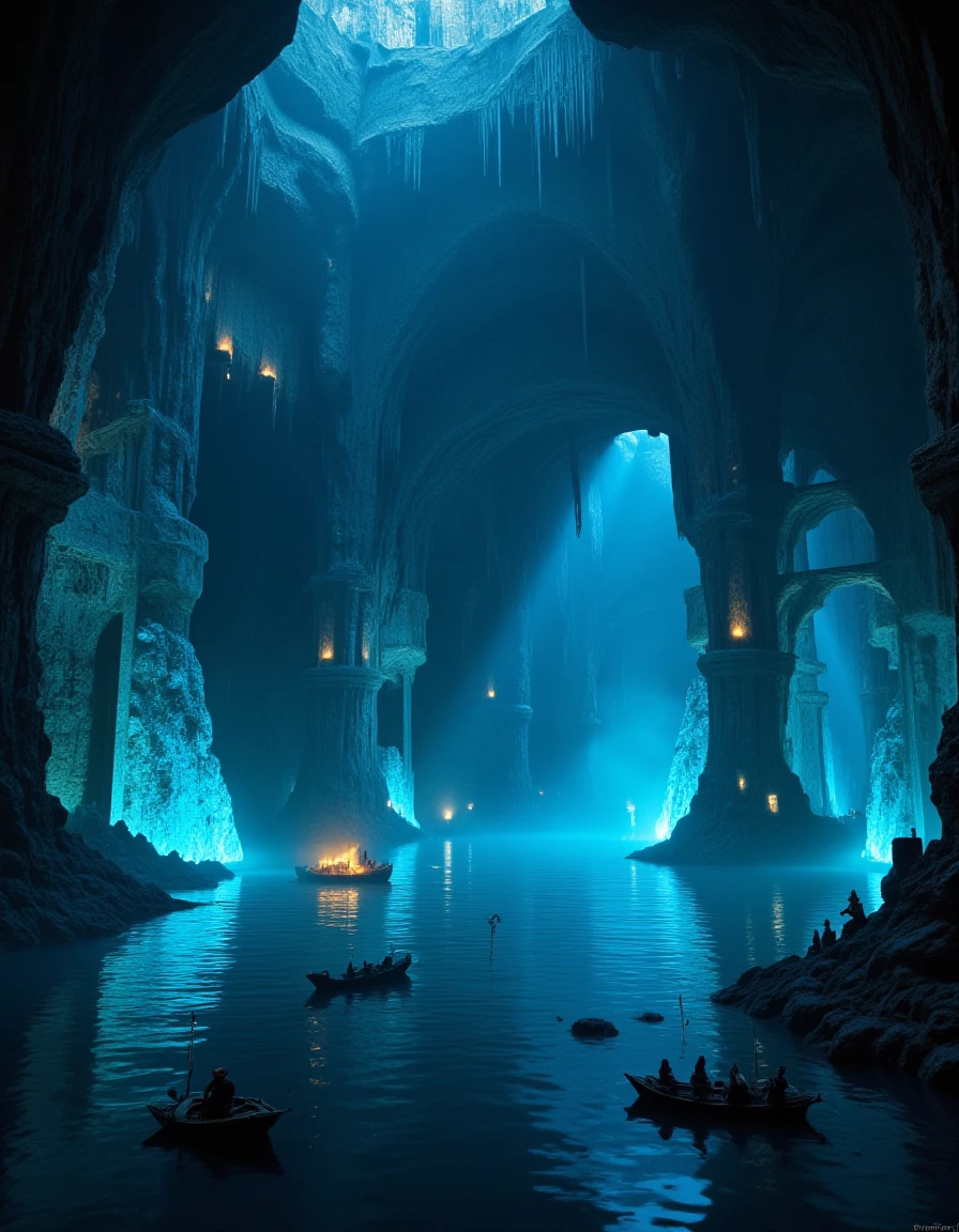 <lora:MW_Dwarven_betaflux:1> vast underground cavern, calm blue lake glowing faintly in the darkness, reflections of towering stone arches and bridges stretching across the water, dwarven boats carved from obsidian drifting silently, glowing lanterns hanging from stalactites above, runes carved into the rock shimmering softly, dwarven fishermen casting lines into the glowing depths, mist floating above the water, faint echo of dripping stone, epic scale, cinematic wide view, mysterious fantasy underground empire, serene but powerful atmosphere