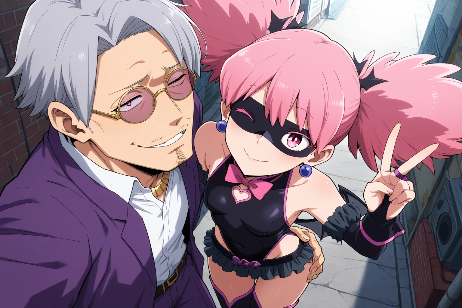masterpiece, best quality, absurdres, highly detailed, giran taking a selfie with pop step, 2 people, 1 boy, 1 girl, side by side, anime background, centered frame, cowboy shot, from above, <lora:selfie-outstretched-arm-ponyxl-lora-nochekaiser:1>, alley, tokyo \(city\), day, building,
giran, <lora:LoRA_Giran_mha:1>, giran, handsome mature man, open eyes, lowered lids, taller than female, detailed face, gray hair, swept hair, pink eyes, purple suit, sleazy, tooth gap smirk, gold-rimmed glasses, tinted lenses, gold necklace, open-collar, (tooth gap:1.1), taking selfie, arm around pop step, hand on popstep's butt, looking at viewer, in frame,
popstep, 1 girl, <lora:pop_step:0.8> popstepwz, popstep giving peace sign, leaning into giran, arm behind giran, pink hair, twintails, pink eyes, small breasts, ball earrings, bridal gauntlets, pink bowtie, bat wings, mini wings, black leotard, thong leotard, miniskirt, frills, bare shoulders, bare hips, domino mask, eye mask, belt, thigh boots, popstep closed mouth, visible peace sign, playful, winking, (peace sign:1.3)