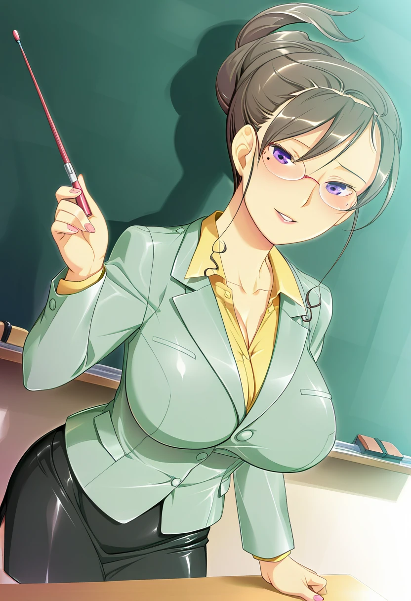masterpiece, best quality, amazing quality, very aesthetic, absurdres, ultra detailed,
1girl, solo, hyuug@_sa3na, purple eyes, brown hair, mole under eye, mature female, glasses, hair up, shiny skin BREAK formal, collarbone, light green jacket, yellow shirt, collared shirt, pencil skirt,
tender smile, parted lips, standing, holding pointer, in classroom, chalkboard, dynamic angle, sharp focus, depth of field <lora:hyuuga saena v1.0-000013:1>