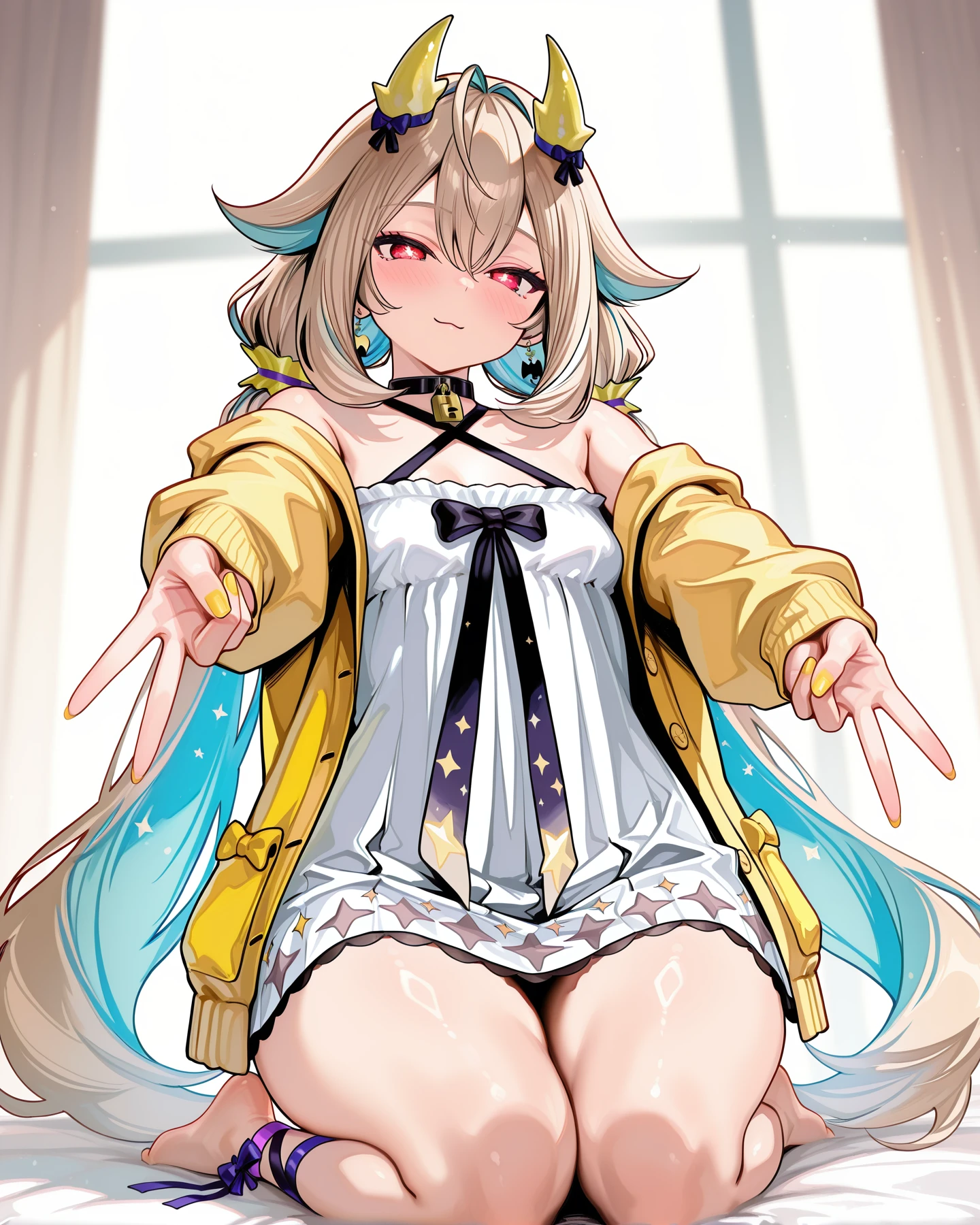 <lora:LECO-mature_female_XL(ill)v11:1> , <lora:Curvier:1> thick thighs, wide hips, curvy,
<lora:UtataneNasaPC:1> UtaSa, hazel hair, multicolored hair, blue colored inner hair, hair between eyes, sidelocks, red eyes, very long low twintails, short dragon yellow horns, small breasts, lock choker, halterneck, galaxy straps, white dress, clothing cutout trim, purple arm ribbons, purple anklet ribbons, leg ribbons, barefoot, off shoulder, yellow jacket,
<lora:GalPeaceV:1> gyaru v, gal peace, peace sign, own hand reaching towards viewer, IllusP0s, masterpiece, best quality, amazing quality, very aesthetic, absurdres, newest, Smooth_Quality