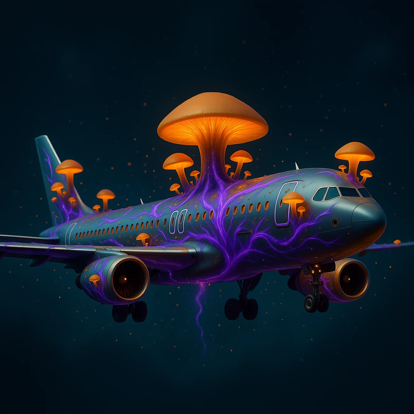 A passenger jet floats in darkness, overtaken mid-flight by Mycochrome. Vivid purple tendrils streak across the fuselage and wings, bursting into glowing orange caps that erupt from the cabin and engines. Spores drift through the air as the fungal growth spreads across the aircraft, turning flight into a surreal fusion of decay and ascent.