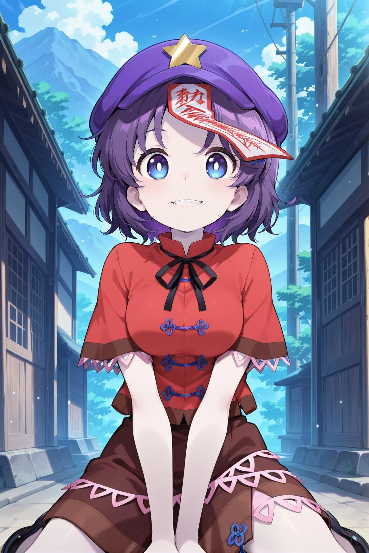 absurdres, highres, masterpiece, best quality, amazing quality, official anime artwork, screencap, anime screencap, outdoors, looking at viewer, light smile, dynamic pose, 
 <lora:Yoshika-Miyako_IllustriousV2:1> miyako yoshika, 1girl, solo, blue eyes, purple hair, short hair, sharp teeth, white pupils, bright pupils, pale skin, medium breasts,,  jiangshi, newsboy cap, purple hat, star hat ornament, ofuda on head, black neck ribbon, red shirt, short sleeves, brown skirt, black shoes,