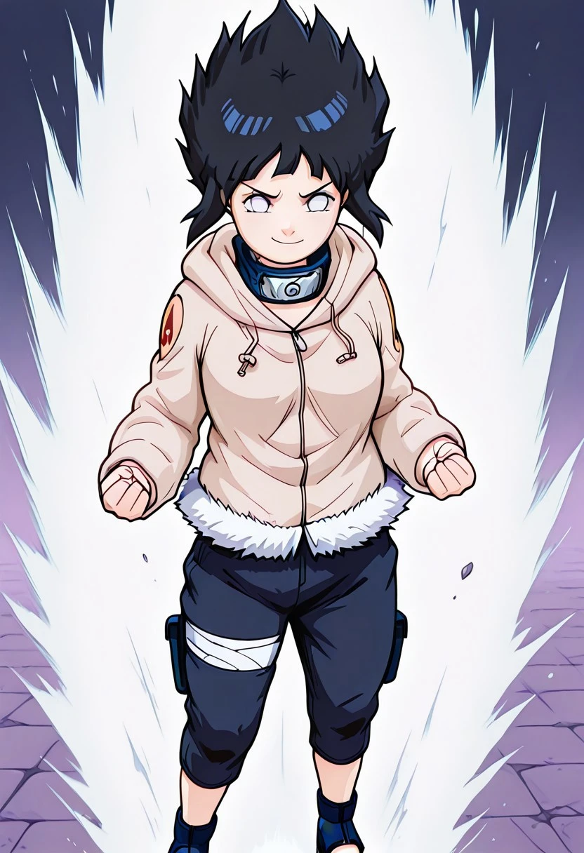 masterpiece,best quality,amazing quality, 1girl,genhinata,1girl, black hair, short hair, light violet eyes, no pupils,   cream  hoodie , hood down,flame symbol on shoulder, coat, forehead protector on neck, fur trim on neck, konohagakure symbol, long sleeves, dark blue pant,  bandages on left leg,  hoster on left leg,blue footwear, sandals, capri pants, breast, smile, looking at viewer, solo,standing, determinated look, Ki power up,spiky aura, sharp aura, glowing energy field, white aura, big aura, dense aura,  big aura, floating hair,