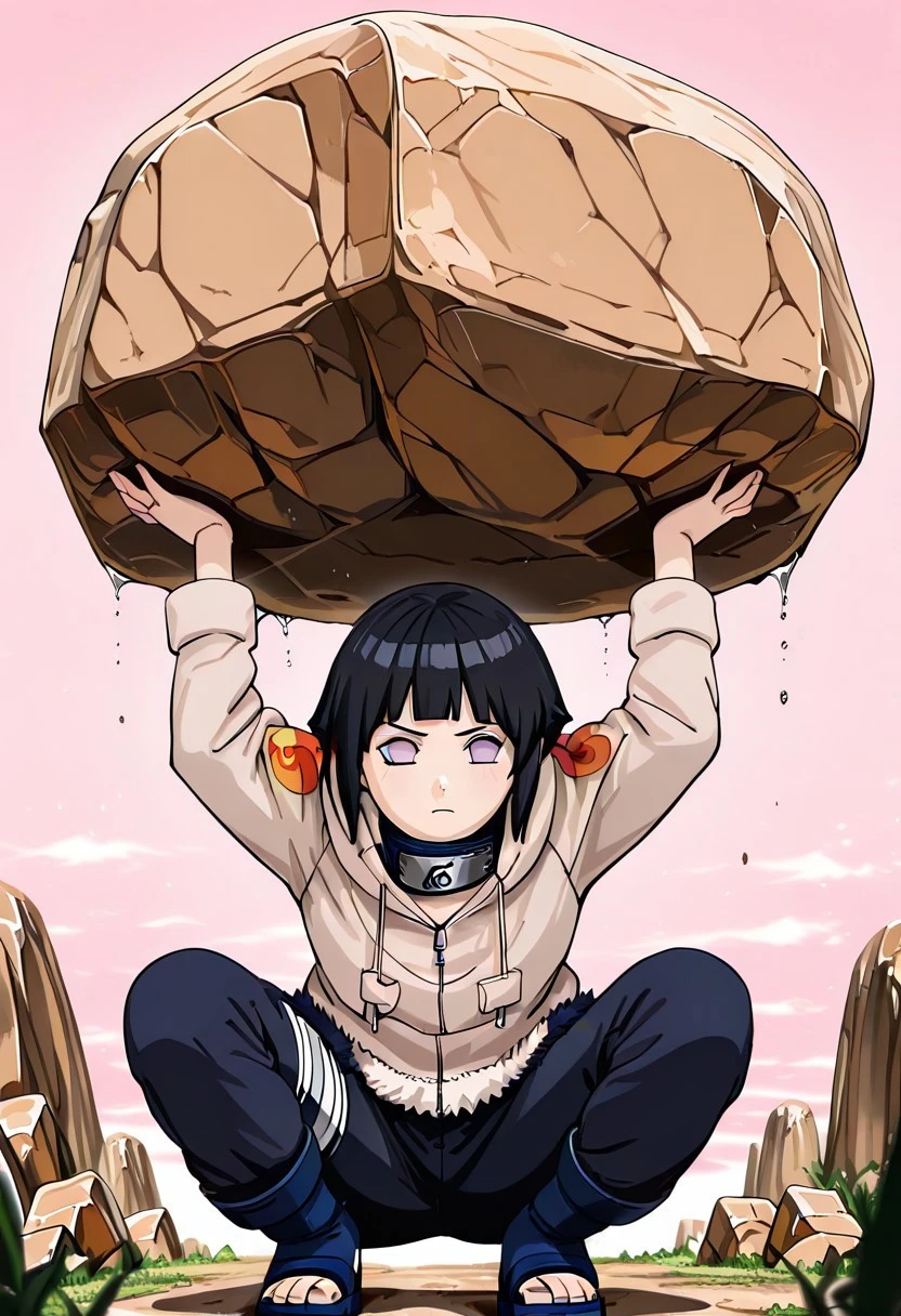 masterpiece, newest,absurdres,incredibly absurdres, best quality, amazing quality, very aesthetic, , depth of field, blurry foreground, 1 girl,genhinata,1girl, black hair, short hair, light violet eyes, no pupils,cream  hoodie , hood down,flame symbol on shoulder, coat, forehead protector on neck, fur trim on neck, konohagakure symbol, long sleeves, dark blue pant,  bandages on left leg,  hoster on left leg,blue footwear, sandals ,long shot, girl lifting giant rock,holding giant rock, arms flexed, giant rock, arms raised, crouching, rocky field, pink sky,