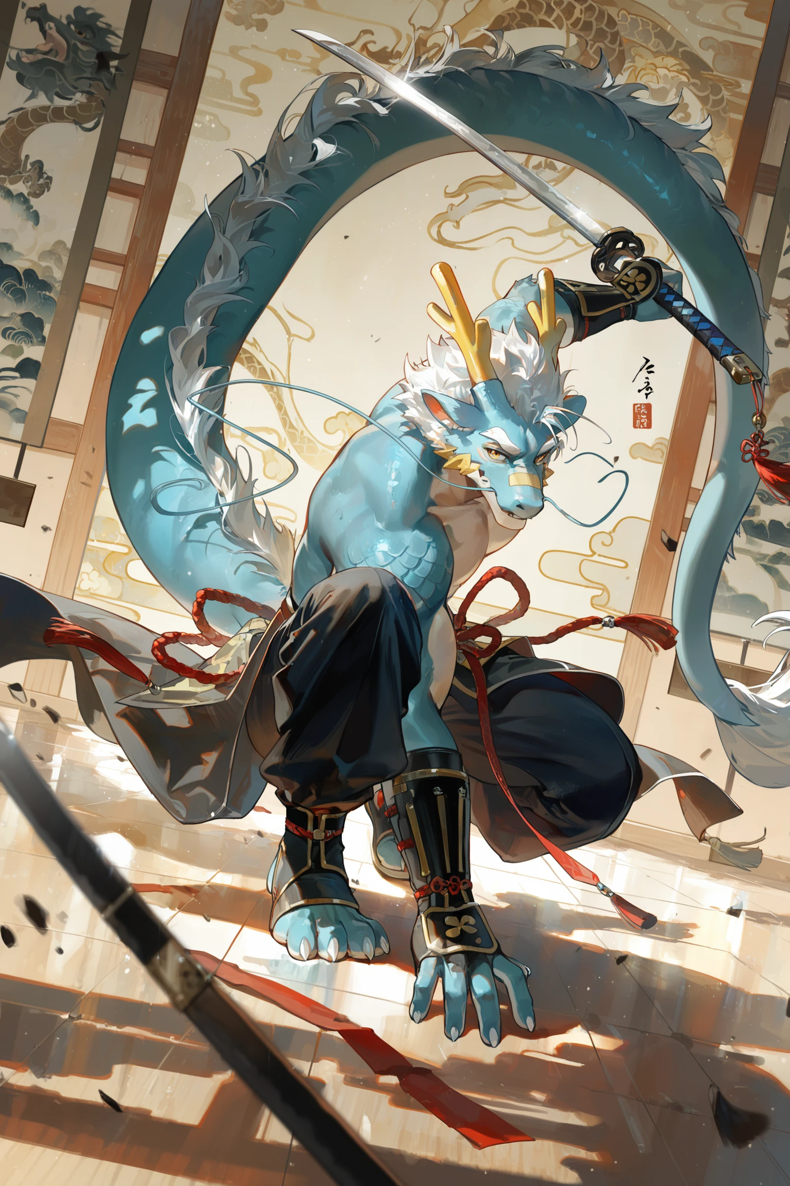 masterpiece,best quality,very awa,ultra-detailed,absurdres,huge filesize,
perfect anatomy,good hands,
(ciloranko:0.3),suzumi \(ccroquette\),dino \(dinoartforame\),null_ghost,konya karasue,ekita kuro,(wlop:0.6),(raccoon21:0.4),lindong,
hanfu,tang style outfits,cyan blue long upper shan,breast_band,topless,full body,male focus,
solo,(eastern dragon furry),cyan blue and white,anthro,furry male,kemono,(bara:1.3),muscular,adult,yellow eyes,grey beard,dragon tail,katana,hands on katana,
(fighting stance:1.2),motion lines,superhero landing,half squatting,dynamic pose,wind,(simple background:0.8),hanging scroll background,aestheticism,dynamic_angle,
chinese style,depth of field,looking_at_viewer,
<lora:Kombagavad_gita_V3.5_twilight:1>,