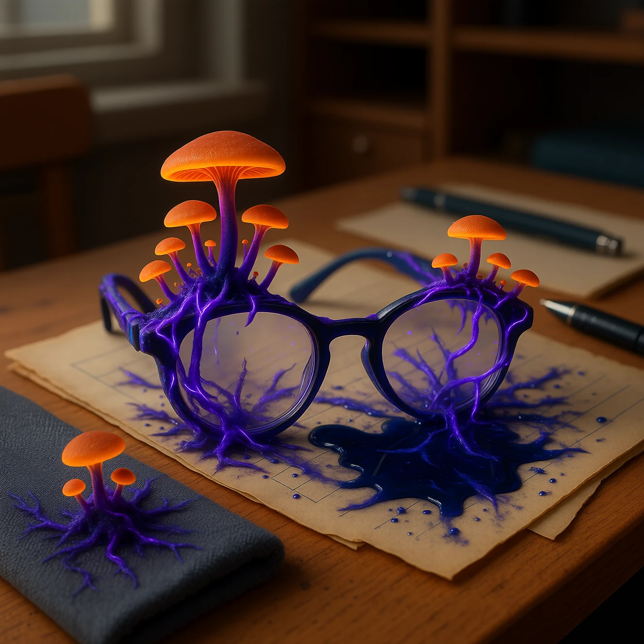 A pair of reading glasses sits abandoned on a desk, overtaken by Mycochrome. Vivid purple strands stretch through the frames and lenses, sprouting glowing orange caps that spill onto paper, pens, and cloth. Ink pools and spores scatter across the surface, as the fungal bloom consumes thought and vision alike.