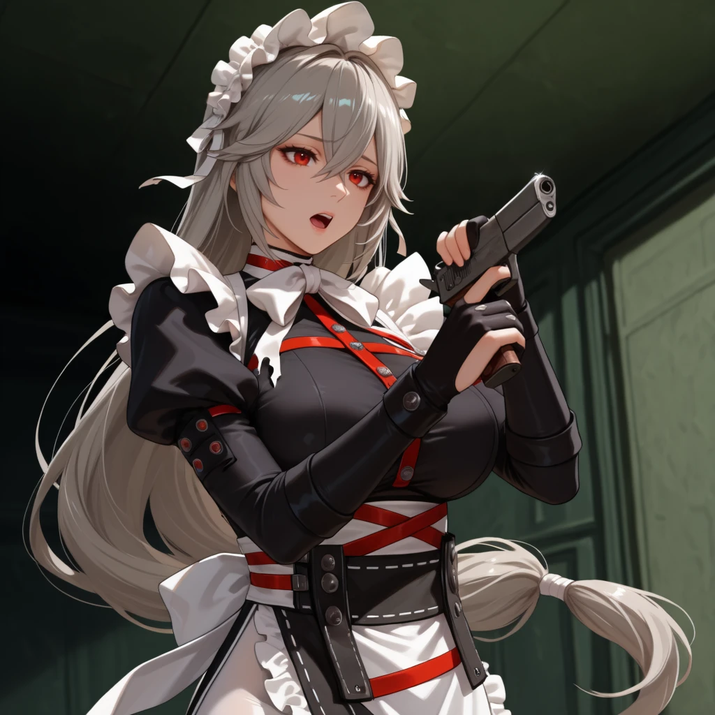 holding gun, handgun, trigger discipline, 1girl, r1na, long hair, grey hair, hair between eyes, red eyes, large breasts, maid headdress, frills, black dress, side slit, white bowtie, chest harness, juliet sleeves, black gloves, partially fingerless gloves, white apron, maid apron, frilled apron, upper body, open mouth, <lora:Im_a_healer_but_meme-000010:1> <lora:zzz_alexandrinasebastiane_noobAIXL11EPS:1>