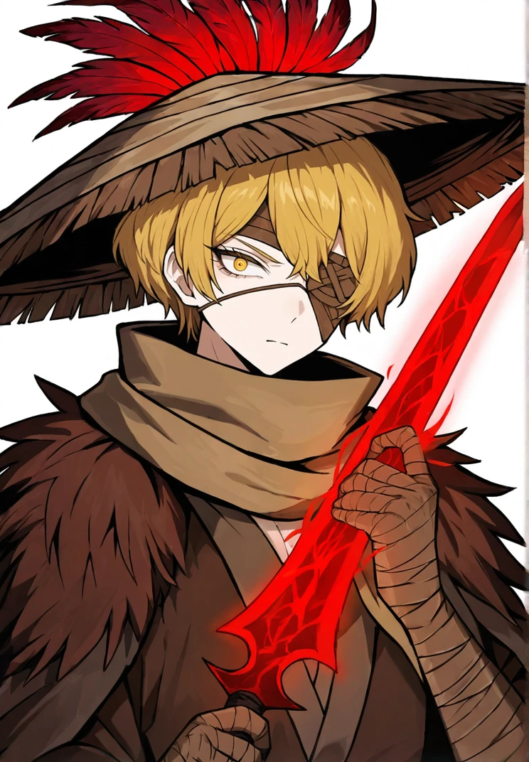 masterpiece, perfect face, beautiful face, perfect hands, beautiful hands, <lora:Sinclair_Limbus_Illustrious_V3:1>, 1boy, solo, SinclairLimbus, short hair, blonde hair, yellow eyes, SinclairHeishou, brown eyepatch, brown asian conical hat, red feathers, brown scarf, bandaged arm, bandaged leg, brown bandages, brown robe, brown short cloak, upper body, portrait, simple white background, looking at viewer, serious face, holding red glowing dagger