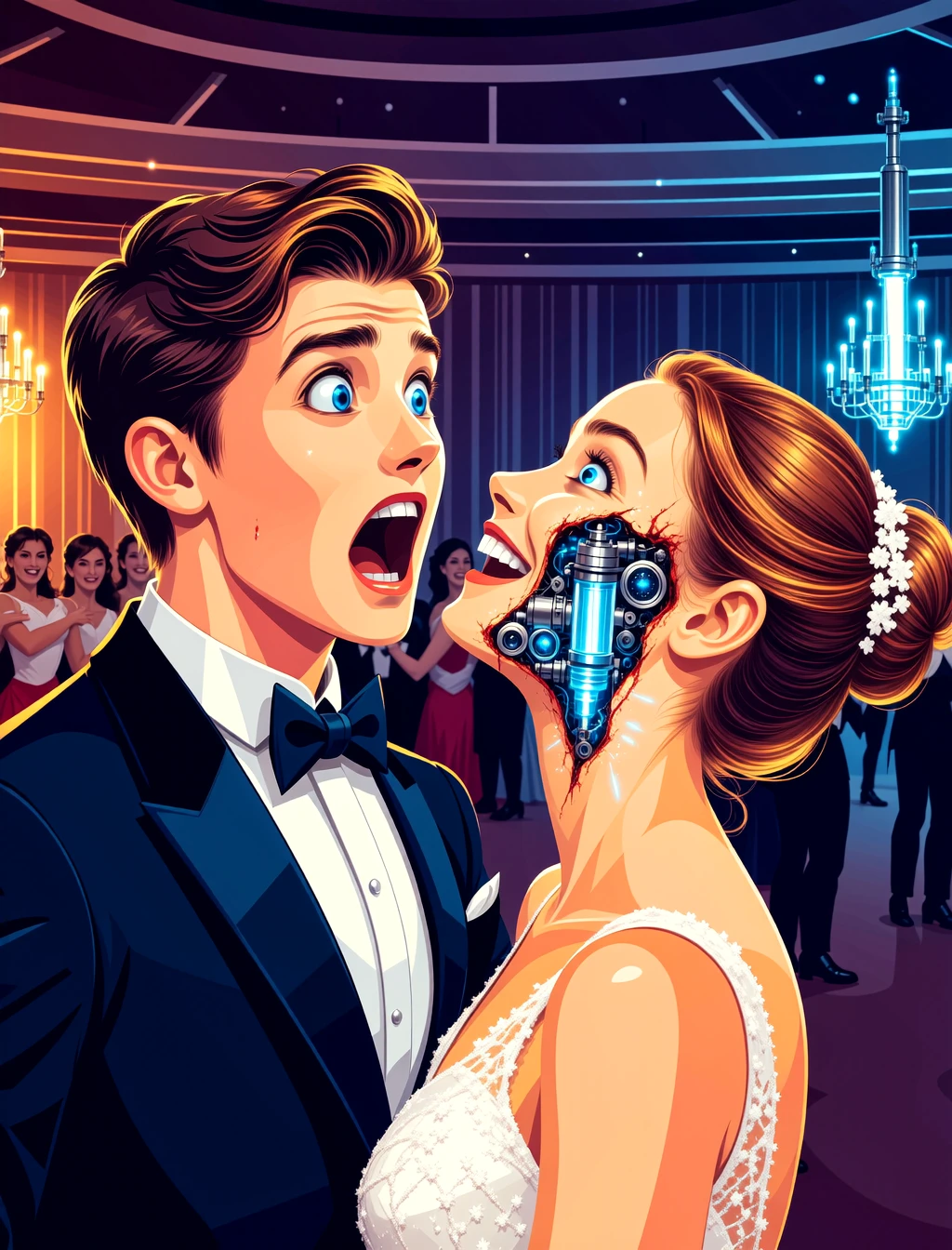 v3ct0r 2d flat vector illustration. A young man in a tuxedo stares in abject terror at his beautiful dance partner in the middle of a crowded ballroom. Her perfect smile has frozen as her cheek splits open, not with blood, but with a shower of blue sparks, revealing the complex, whirring silver clockwork and glowing vacuum tubes of an alien automaton beneath the flesh.