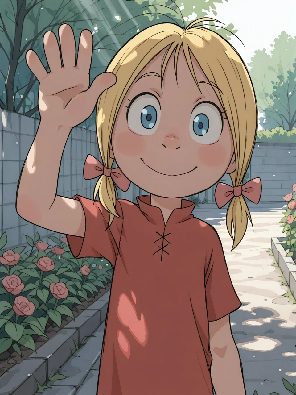 masterpiece, best quality, highres, absurdres, ultra detailed, amazing quality, 4nn1e, 1girl, solo, blue eyes, blonde hair, twintails, hair bow, red dress, outdoor, garden, smile, upper body, raise left arm, day, outdoor, waving, looking at viewer, sunlight, shadows, natural lighting, sunlight, light particles, light rays, sunbeam, dappled sunlight  <lora:Annie_IllustriousXL11:0.8>
