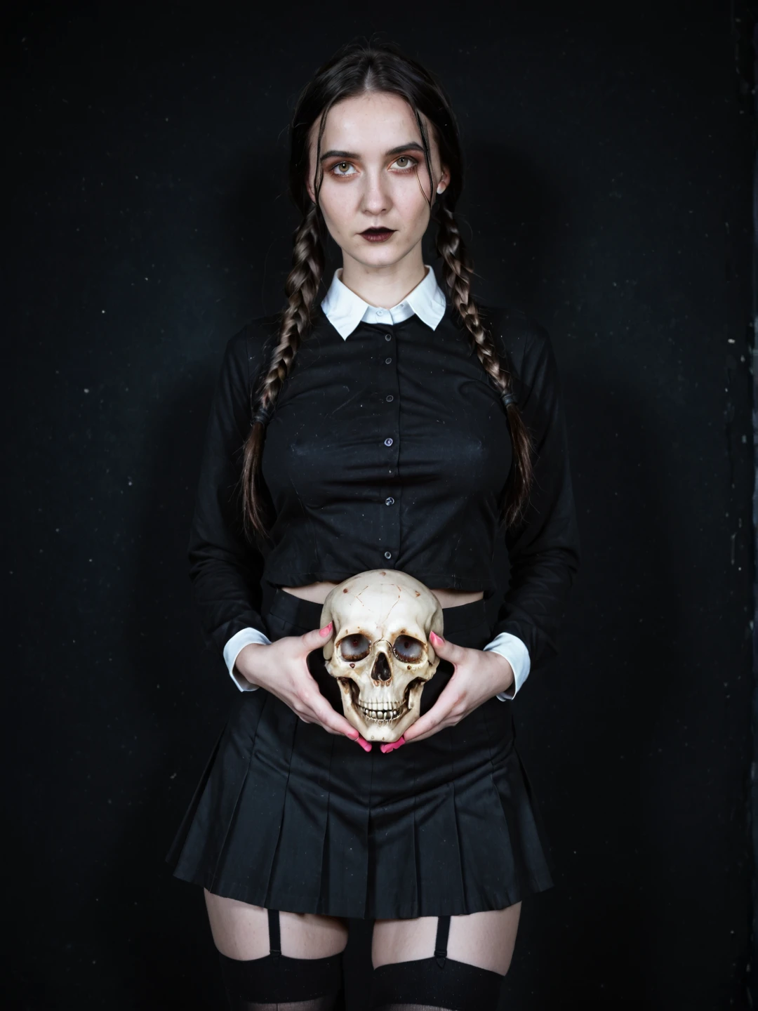 1girl, w3dn3svx, solo, twin braids, black hair, black shirt, white collared shirt, , skirt, stockings, holding skull, colorful neon lighting, cyberpunk aesthetic, approaching perfection, futuristic vibe, white background, <lora:WednesdayAddamsVX:1>