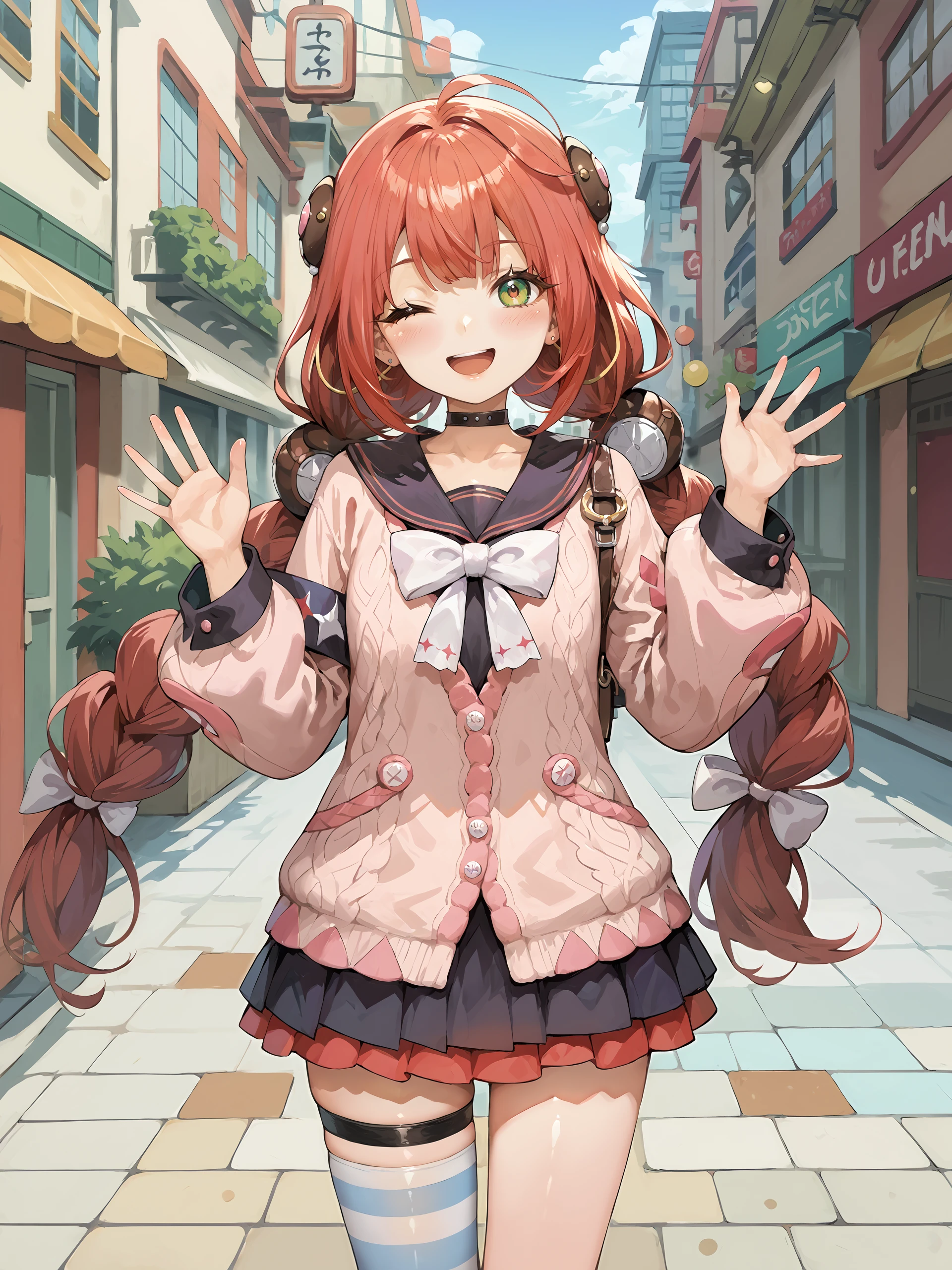 score_9, score_8_up, score_7_up, source_anime, ray tracing, best quality, <lora:style-Ishike:0.3>, <lora:style-odanon:0.3>, <lora:Char-ZZZ-Yuzuha-V1-Pony:0.9:hr=0.6>, 1girl, ukinami yuzuha, solo, twin braids, brown hairpods, hair bobbles, black choker, black sailor collar, white bowtie, pink cardigan, armband, layered skirt, thigh strap, striped single thighhigh, cowboy shot, standing, contrapposto, smiling, open mouth, one eye closed, looking at viewer, waving, floating hair, outdoors, street