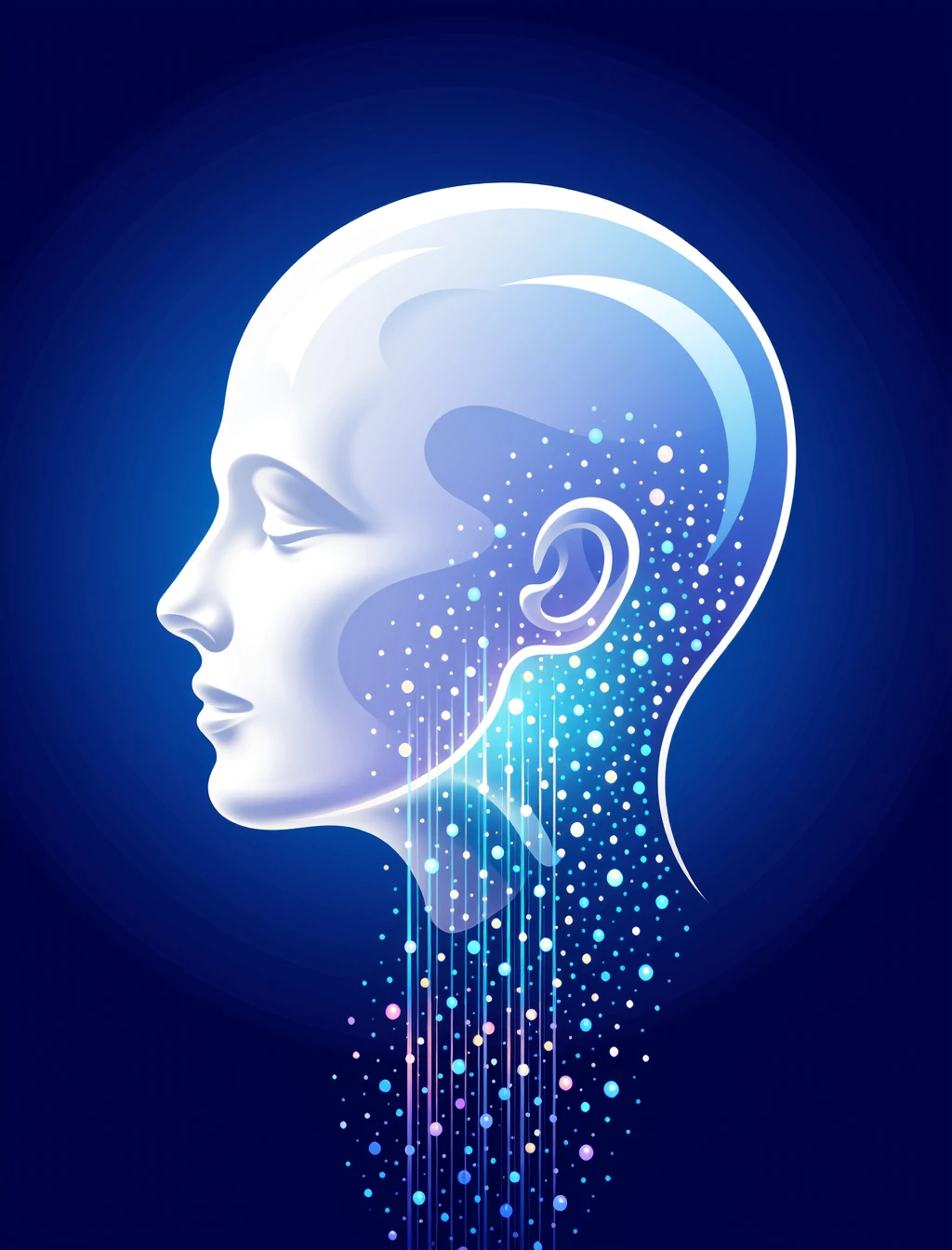 v3ct0r 2d flat vector illustration. A dreamlike abstract head, its smooth, porcelain-like features gently dissolving into a cascading shower of iridescent, bioluminescent dust motes that softly spiral into the void.