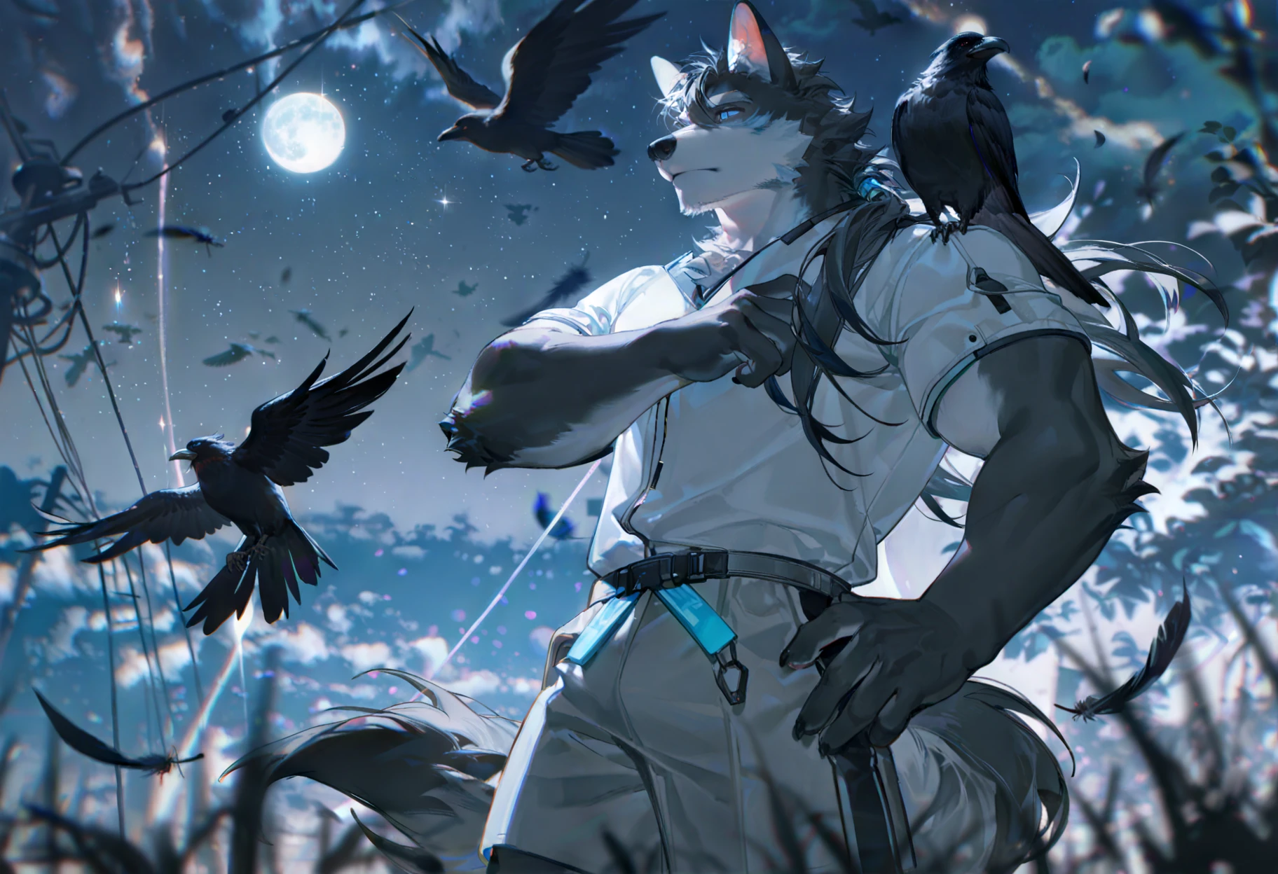 (konya_karasue:1.1),(ciloranko:0.3),suzumi \(ccroquette\),(ask \(askzy\):0.6),
BREAK
full moon,moon,1boy,solo,male focus,furry,furry male,wolf boy,crow,huge moon,sky,night,thick eyebrows,body fur,shirt,grey shorts,bara,night sky,black fur,arm up,blurry foreground,star (sky),wolf ears,wolf tail,long hair,grey fur,looking at animal,starry sky,flying,blurry,outdoors,low ponytail,animal on arm,hand up,muscular male,bara,black feathers,cowboy shot,from below,blue eyes,mature male,
BREAK
perfect anatomy,good hands,furry male,
BREAK blurry,chromatic aberration,creative angle,
BREAK
ultra-detailed,very awa,amazing quality,very aesthetic,absolutely eye-catching,score_8_up,intricate details,masterpiece,highres,best quality,absurdres,Crisp details,Ultra-sharp focus,4K UHD,score_9,score_7_up,