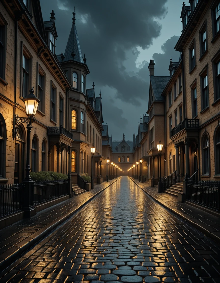 A mysterious and beautiful view of a fantastical Victorian street at night, its cobblestone pavement glistening wet after rain. Gas street lamps cast a soft golden glow along the road, while grand mansions and gothic-style houses line both sides of the street. Their tall windows shine with warm light against the darkness, creating a striking contrast. Above, the deep night sky stretches overhead, filled with drifting clouds that add to the moody, atmospheric scene. No people present.Victorian street 4t n1ght <lora:Victorian_street_4t_n1ght-i:1>, Masterpiece,best quality,hi res,8k,hi res,8k,award winning,(sharp focus, intricate, highly detailed),