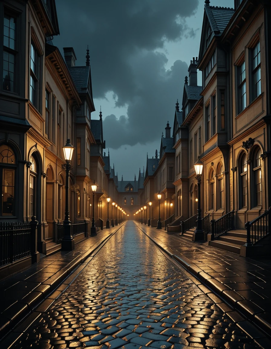 A mysterious and beautiful view of a fantastical Victorian street at night, its cobblestone pavement glistening wet after rain. Gas street lamps cast a soft golden glow along the road, while grand mansions and gothic-style houses line both sides of the street. Their tall windows shine with warm light against the darkness, creating a striking contrast. Above, the deep night sky stretches overhead, filled with drifting clouds that add to the moody, atmospheric scene. No people present.Victorian street 4t n1ght <lora:Victorian_street_4t_n1ght-i:1>, Masterpiece,best quality,hi res,8k,hi res,8k,award winning,(sharp focus, intricate, highly detailed),