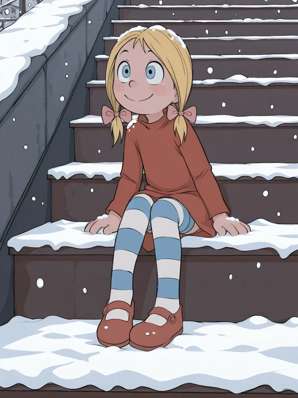 masterpiece, best quality, highres, absurdres, ultra detailed, amazing quality, 4nn1e, 1girl, solo, blue eyes, blonde hair, twintails, hair bow, red dress, striped stockings, minigirl, winter, snowing, snow, stairs, sitting on stairs, smile  <lora:Annie_IllustriousXL11:0.8>