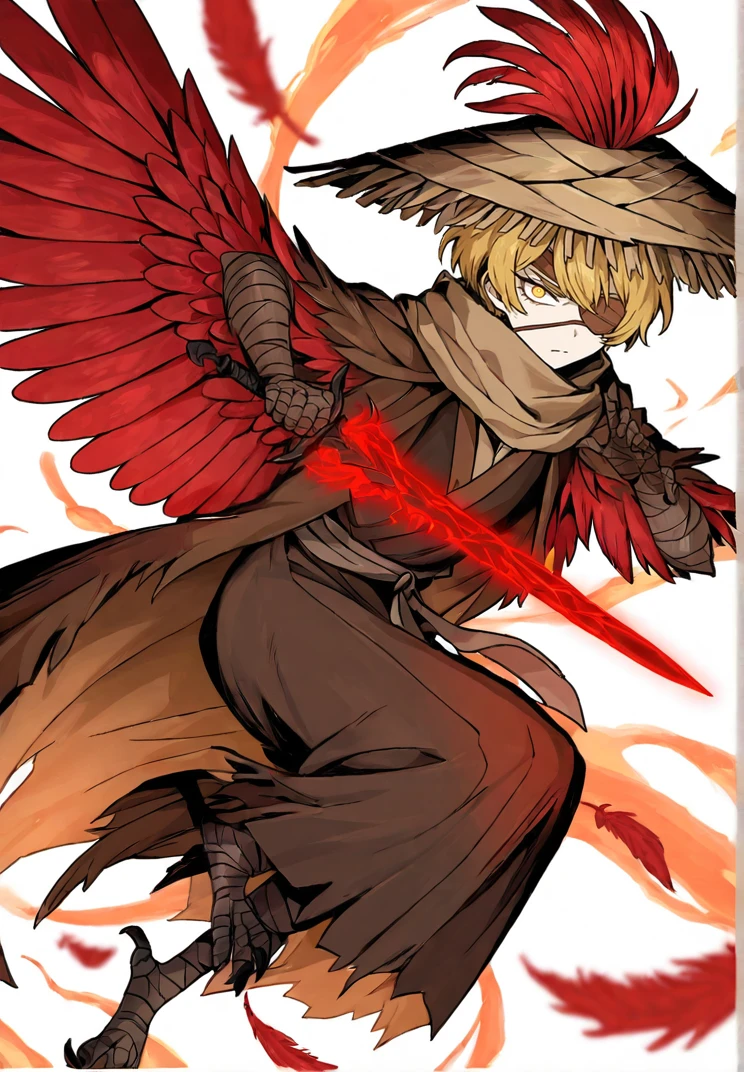 masterpiece, perfect face, beautiful face, perfect hands, beautiful hands, <lora:Sinclair_Limbus_Illustrious_V3:1>, 1boy, solo, SinclairLimbus, short hair, blonde hair, yellow eyes, SinclairHeishou, brown eyepatch, brown asian conical hat, red feathers, brown scarf, bandaged arm, bandaged leg, brown bandages, brown robe, brown short cloak, bird legs, full body, dynamic pose, simple white background, looking at viewer, serious face, holding red glowing dagger
