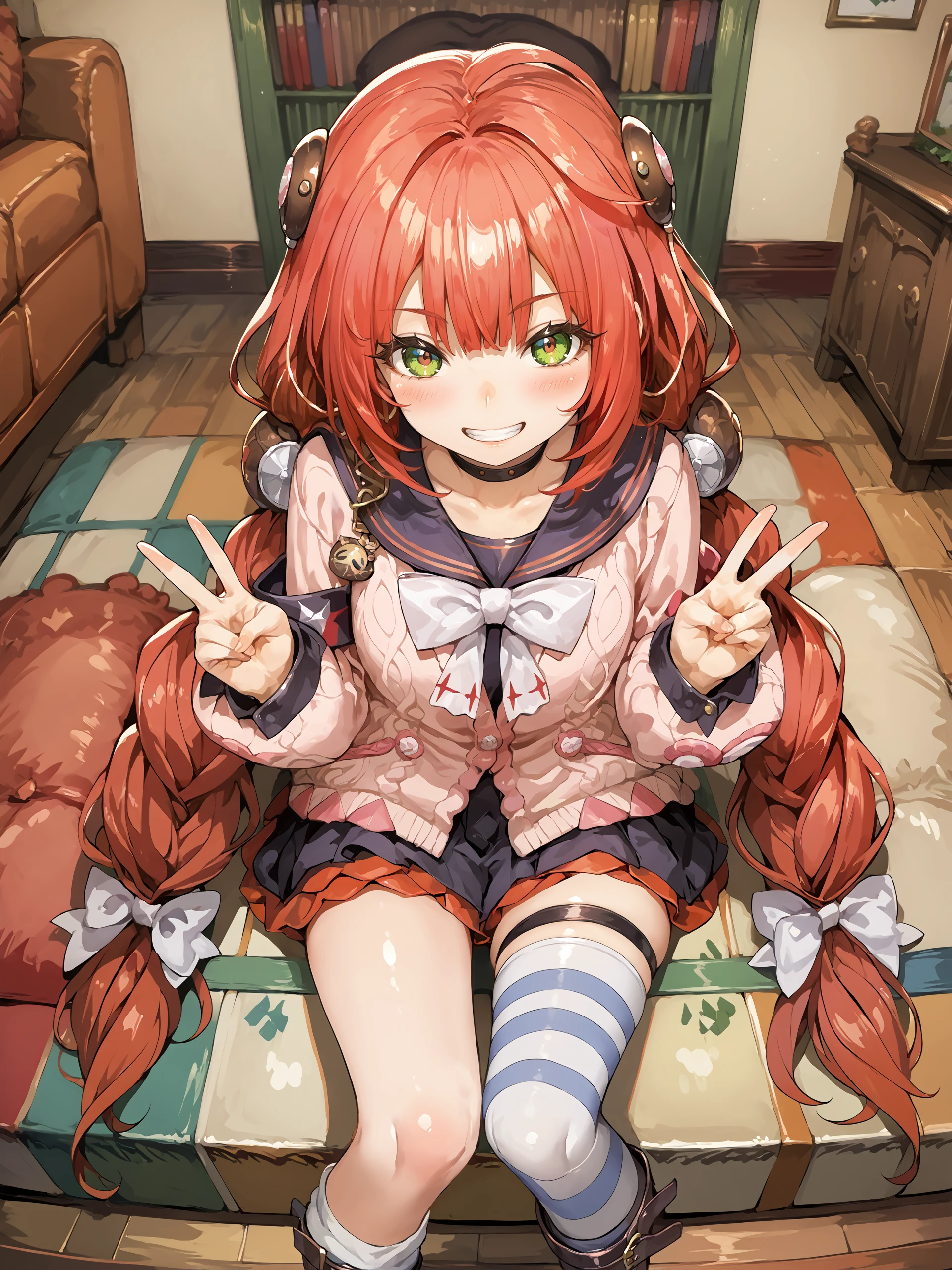 score_9, score_8_up, score_7_up, source_anime, ray tracing, best quality, <lora:style-Ishike:0.3>, <lora:style-odanon:0.3>, <lora:Char-ZZZ-Yuzuha-V1-Pony:0.9:hr=0.6>, 1girl, ukinami yuzuha, solo, twin braids, brown hairpods, hair bobbles, black choker, black sailor collar, white bowtie, pink cardigan, armband, layered skirt, thigh strap, striped single thighhigh, striped single kneehigh, knee boots, full body, wariza, sitting, from above, double v, smile, clenched teeth, looking at viewer, living room, depth of field
