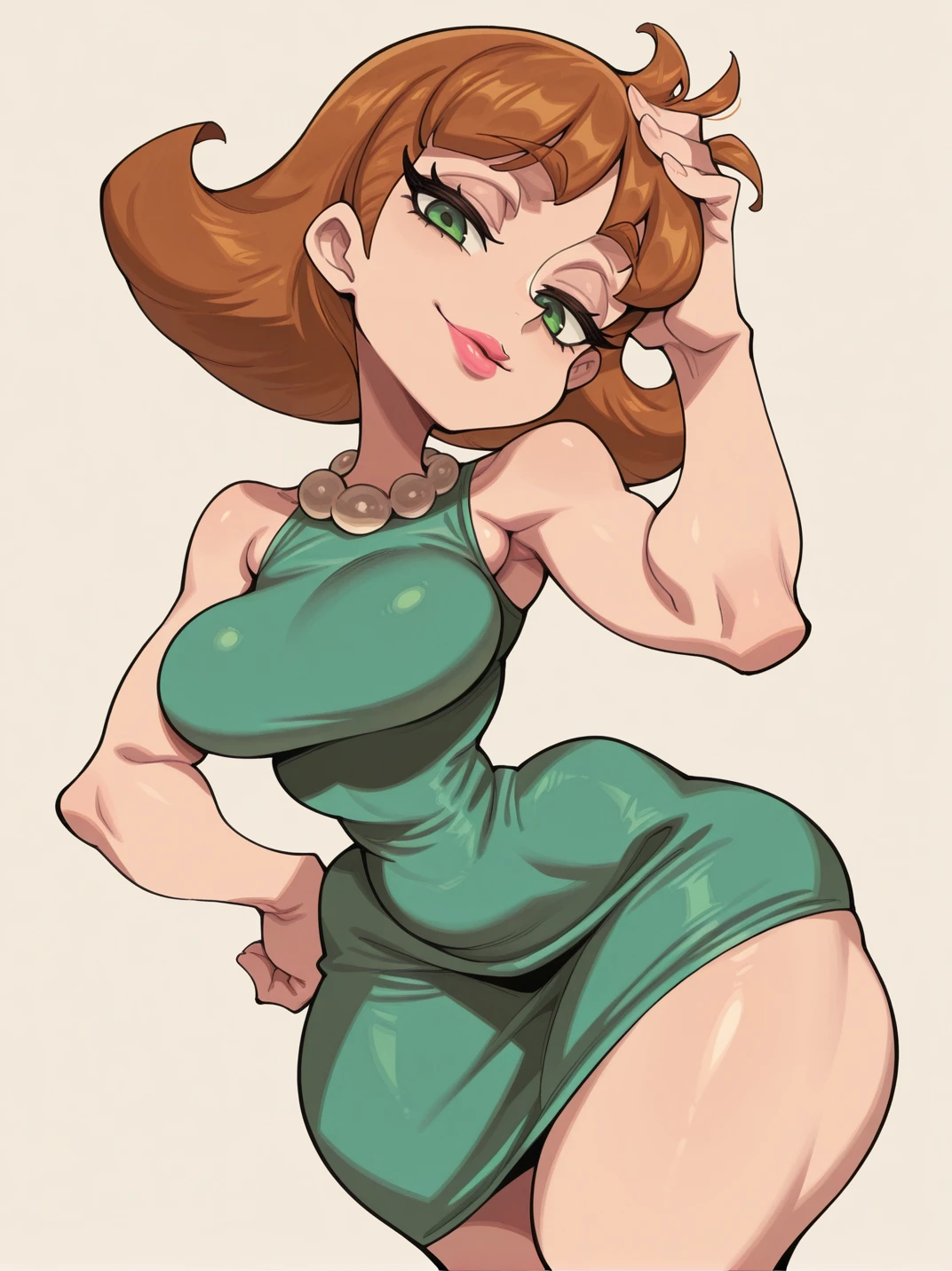 HandBeardXLP, hatching (texture),,
1girl, (JudyNeutronXL:1.1), brown hair, green eyes, short hair, sleeveless, green dress, necklace, curvy, lipstick, large breasts, thick thighs, 
light smile, dutch angle, looking at viewer, simple background, portrait, dynamic pose, cowboy shot, one hand on hips, one hand on hair, head tilt,, leaning forward,
 <lora:AJudyNeutron_character:0.75>,, <lora:ABearHand_style-12:0.8> <lora:ChunkyLines_IL_Style:0.8> ChunkyL1n3s, wide hips, long eyelashes