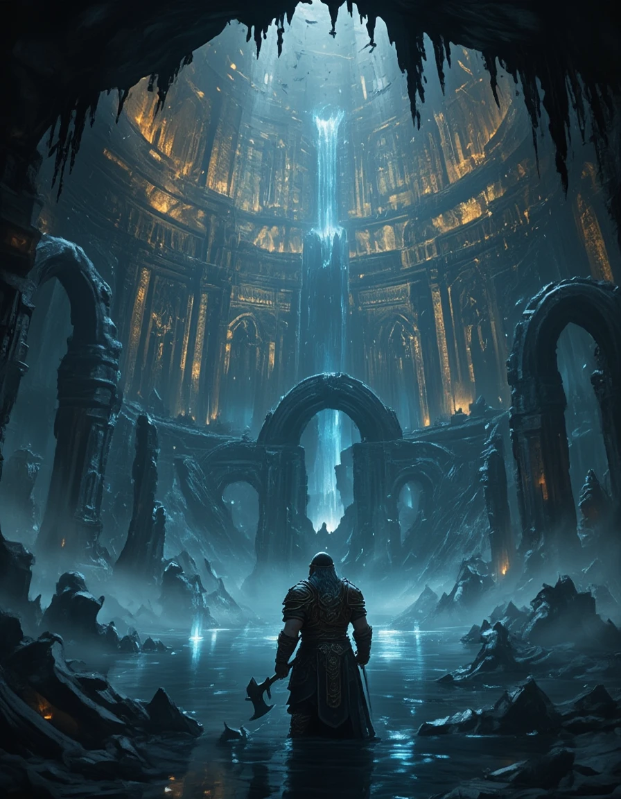 <lora:MW_Dwarven_betaflux:1> low angle view, dwarven warrior in ornate ancient armor, heavy axe resting at his side, standing in half-flooded stone ruins within a vast underground cavern lake, broken statues and ruined arches jutting from the water, reflections glowing faintly, towering cavern ceiling above like a second sky, covered with colossal painted runes and ancient dwarven murals glowing faint blue and gold, countless bats swirling in great flocks among the carvings, their shadows casting moving patterns across the ceiling, mist rising from the water, epic cinematic scale, atmosphere of awe and mystery, dramatic lighting, dark fantasy underground empire, highly detailed and immersive