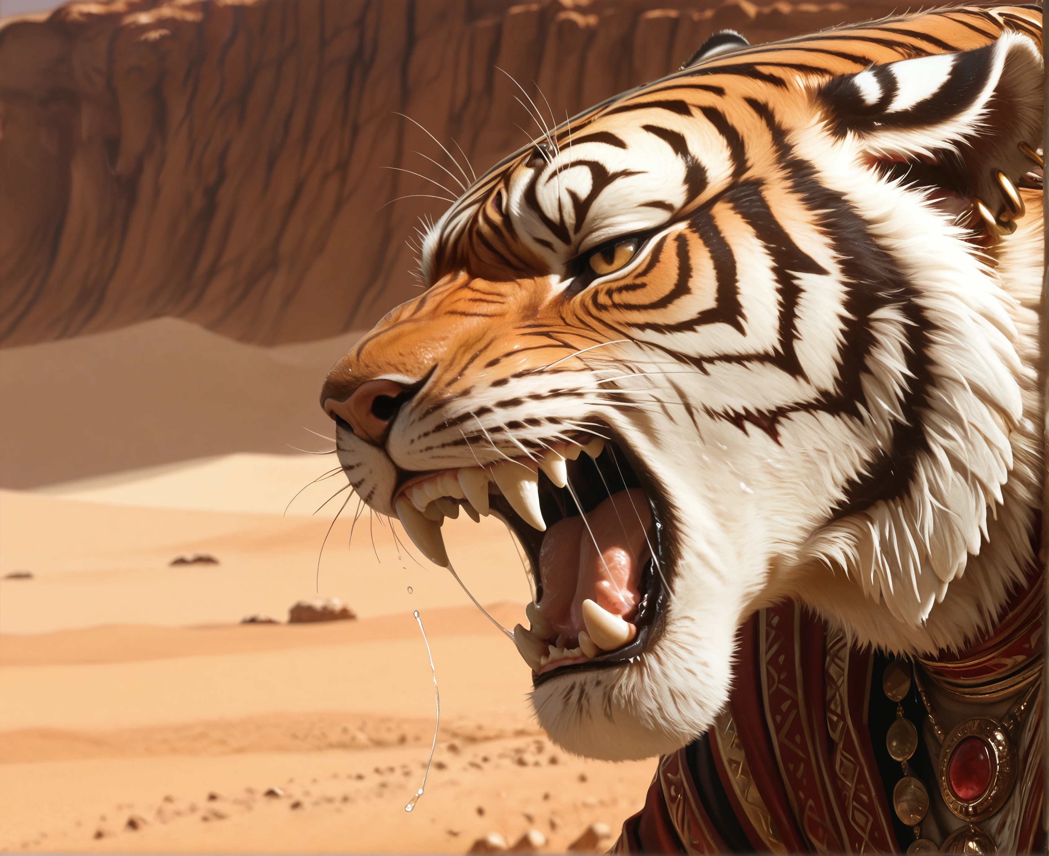 masterpiece, best quality, perfect quality, very awa, absurdres, newest, very aesthetic, photorealism, photorealistic, photo (medium), dynamic pose,
desert clothes, robes, hood, close up, portrait, roar, open mouth, desert, saliva, saliva strand, three quarter view, side view, jewelery, necklace, piercings,
1boy, solo r4ksh4s4, tiger stripes, fangs, sharp teeth, animal ears, fur, black stripes, anthro, sharp teeth, round ears, orange skin, white underbelly
<lora:Rakshasa for Illustrious:0.9>