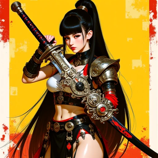 Stylized anime Illustration of bilibin showing a young woman with a fair complexion and surreally long flowing black hair, standing confidently before a yellow and red collage backdrop. She wears warrior attire with armor accents and holds an elaborate steampunk sword diagonally across her body from left shoulder to right hip, adorned with intricate black, red, and silver mechanical designs of gears and cogs. The handle bears a red and black pattern. Her sharp, focused expression is framed by soft lighting that casts subtle shadows, emphasizing the contours of her form, the textures of her outfit, and the detailing of the weapon.