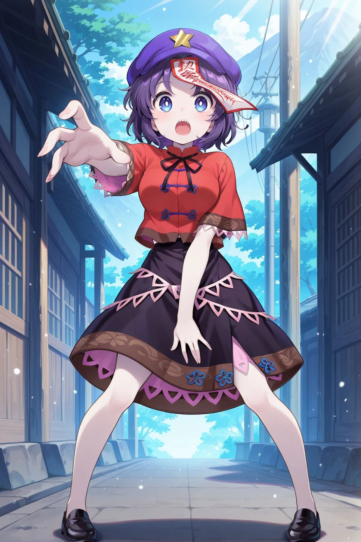 absurdres, highres, masterpiece, best quality, amazing quality, official anime artwork, screencap, anime screencap, outdoors, looking at viewer, dynamic pose,  
 <lora:Yoshika-Miyako_IllustriousV2:1> miyako yoshika, 1girl, solo, blue eyes, purple hair, short hair, sharp teeth, white pupils, bright pupils, pale skin, medium breasts,,  miyako yoshika \(loyal undead\), adapted costume, ofuda on head, newsboy cap, tangzhuang, red shirt, lace-trimmed sleeves, petticoat, black skirt, loafers, black shoes,