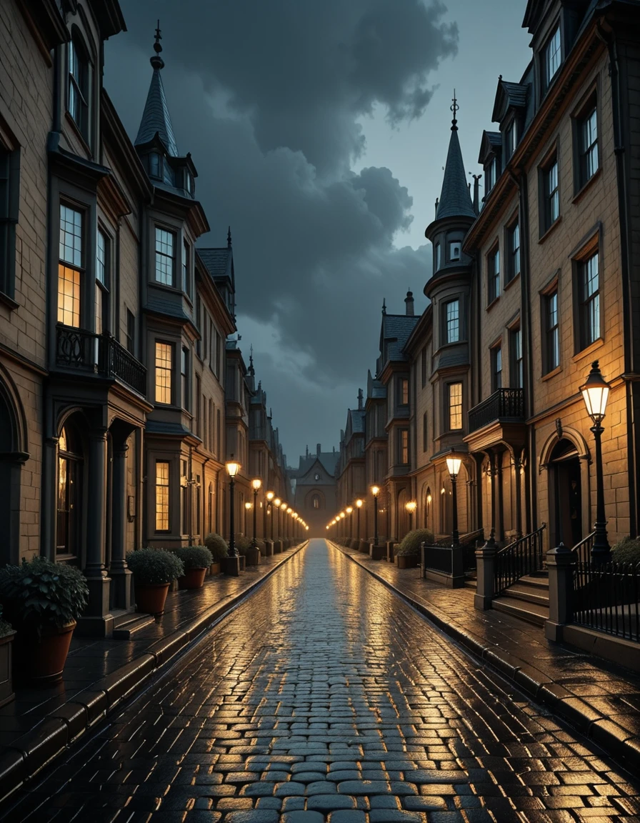 A mysterious and beautiful view of a fantastical Victorian street at night, its cobblestone pavement glistening wet after rain. Gas street lamps cast a soft golden glow along the road, while grand mansions and gothic-style houses line both sides of the street. Their tall windows shine with warm light against the darkness, creating a striking contrast. Above, the deep night sky stretches overhead, filled with drifting clouds that add to the moody, atmospheric scene. No people present.Victorian street 4t n1ght <lora:Victorian_street_4t_n1ght-i:1>, Masterpiece,best quality,hi res,8k,hi res,8k,award winning,(sharp focus, intricate, highly detailed),