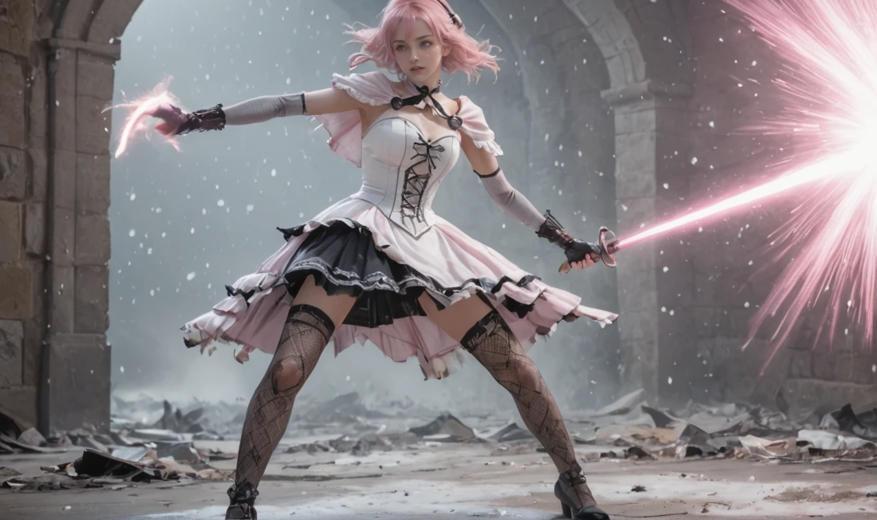 a girl and monsters are fighting in movie battle scene. girl is in gothic dress and holding rapier sword, fencing. <lora:scamy_iniverse_32_2e4:0.7> scamy, bangs, white dress, pink hair, elbow gloves,skirt,thighhighs, in destroyed dungeon, snowing in morning, energy beam attack on body, motion blur, damage effect.