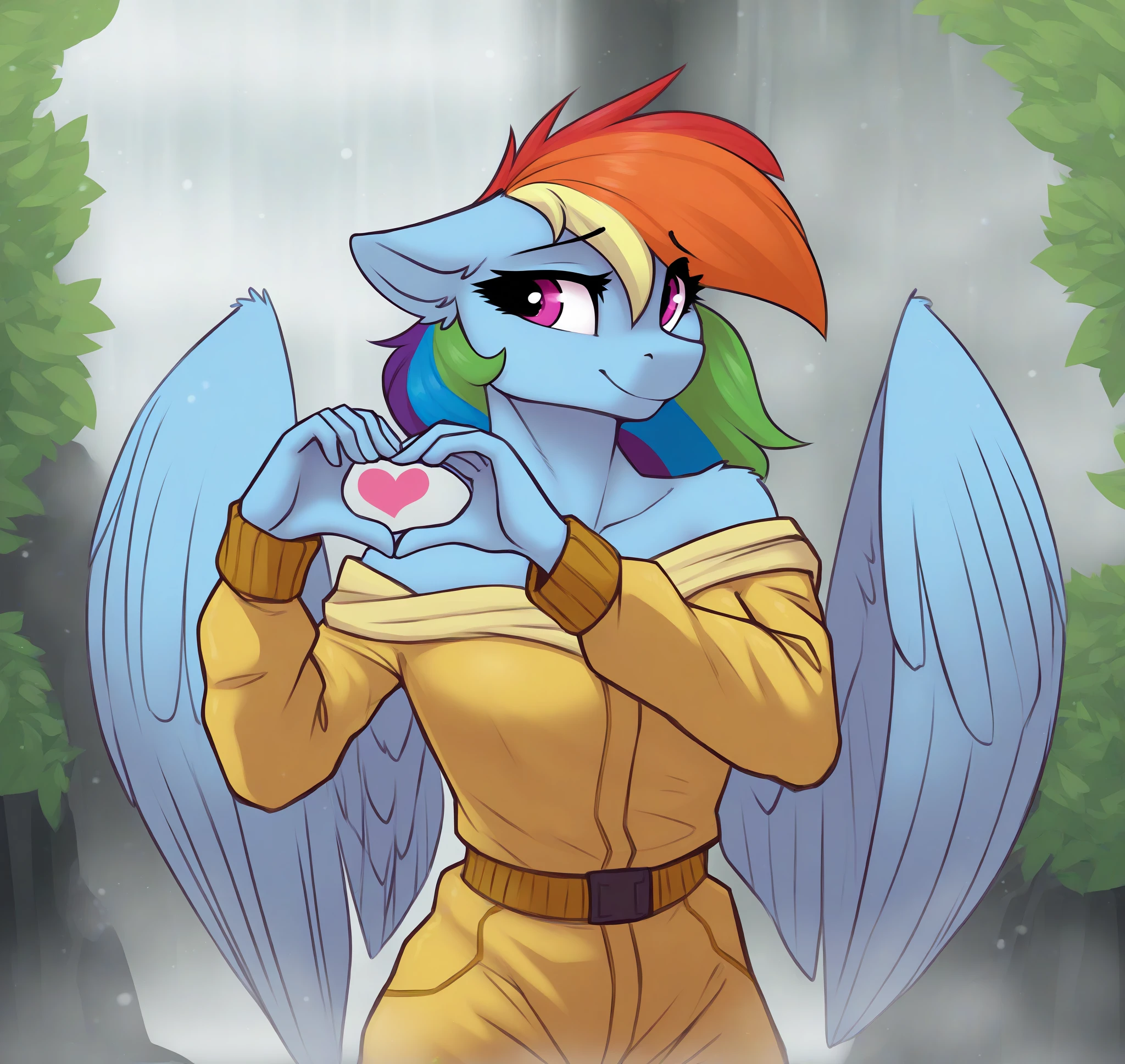 <lora:Phenya_Style_Illustrious:0.7> phenya, masterpiece, best quality, absurd res, hi res, my little pony, friendship is magic, anthro, unguligrade anthro, equid, equine, pony, solo, rainbow dash, anthro, pegasus, feathered wings, wings, athletic, unguligrade anthro, furry female, purple eyes , BREAK detailed background, in a waterfall, clothing, clothed, jumpsuit, relieved, exhale, relaxed shoulders, slight smile, over-the-shoulder view, heart hands