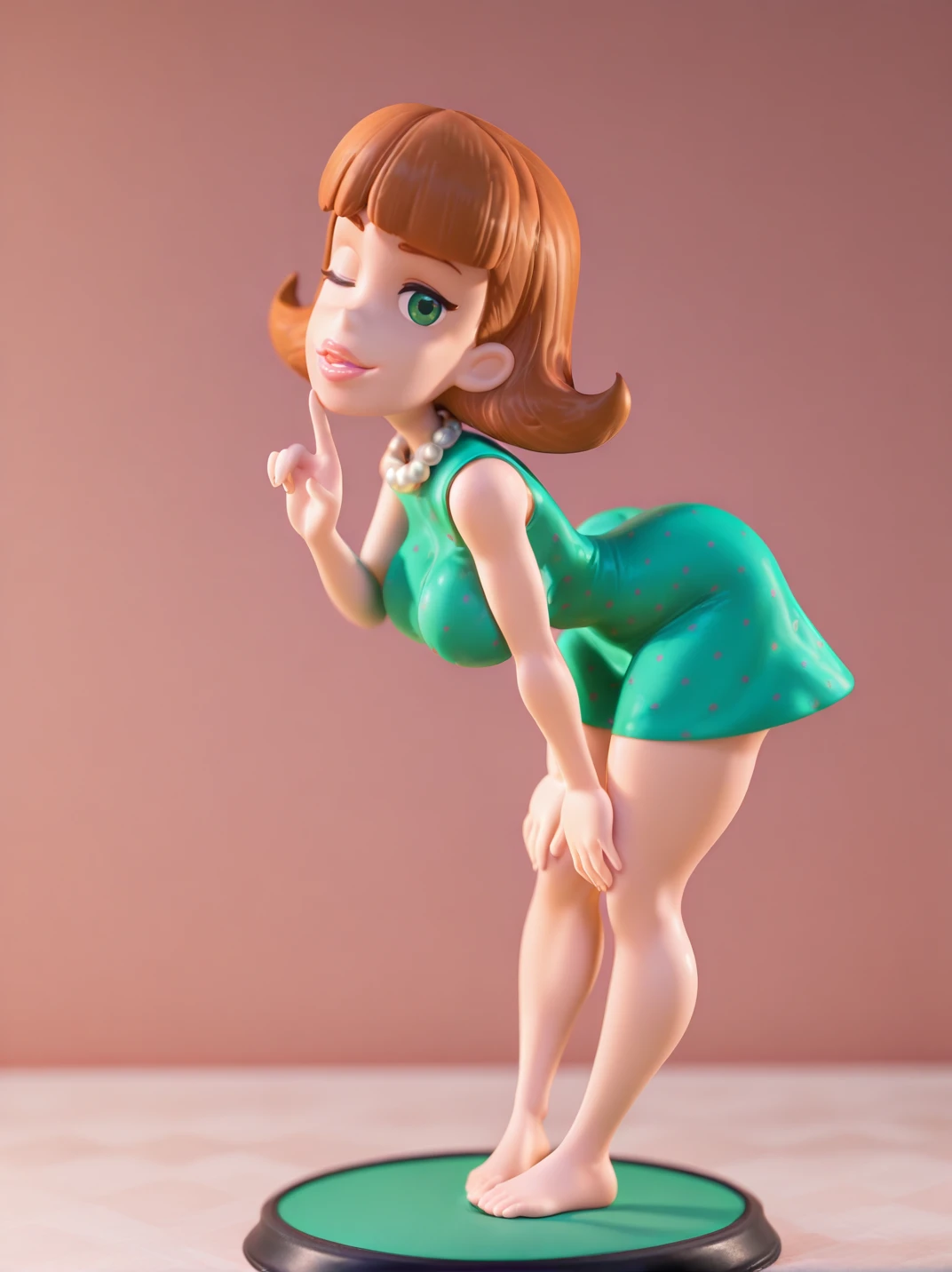 highres, hi res, best quality, masterpiece, cartoon, 3d,
1girl, (JudyNeutronXL:1.1), brown hair, green eyes, short hair, sleeveless, green dress, necklace, curvy, lipstick, large breasts, thick thighs, 
simple background, hands on knees, leaning forward, standing on base, (one finger on lips:1.2), one eye closed, naughty face, (full body:1.2), (cover body:1.2), head tilt, from side,
 <lora:AJudyNeutron_character:0.75>,,  <lora:ill-xl-01-pvc_2:0.9>,,