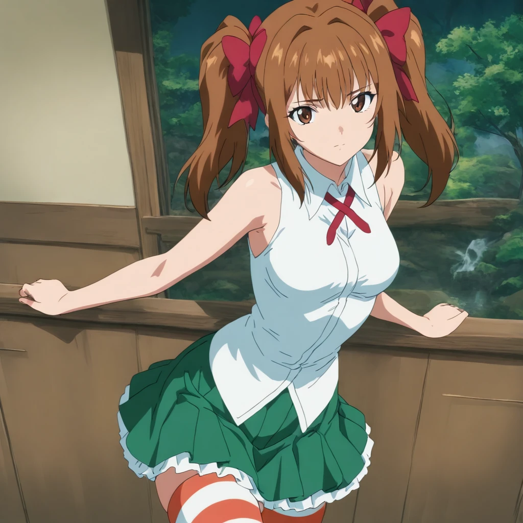 masterpiece,high score,great score,absurdres,anime coloring,looking at viewer,solo,cowboy_shot,<lora:SayakaYukimura ag4o:1> sayakayukimura, brown hair, twintails, hair bow, brown eyes,sleeveless shirt,ribbon,green skirt,striped thighhighs,