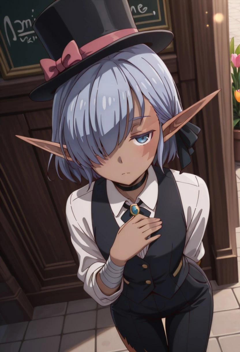 masterpiece, best quality, amazing quality, dynamic view,  solo, dynamic view,  solo, 1girl, masterpiece, best quality, bokeh, luminescent background, 
(cariaerful,,
 dark elf, dark-skinned female, short hair,  blue hair, hair over one eye, blue eyes, pointy ears, bandaged arm, black choker, burn on face, burn on side, burnt arm, burnt leg, flat chest,,
) 
collared shirt, hat bow, frills, long sleeves, top hat, vest, pants, flower shop, outdoors, storefront, flower pot, potted plant, shelf, tulip, orange flower, pink flower, leaning forward, chalkboard sign, dutch angle, bowing, butler bowing, arm behind back, hand on own chest, closed eyes, looking at viewer, bored, jitome, closed mouth