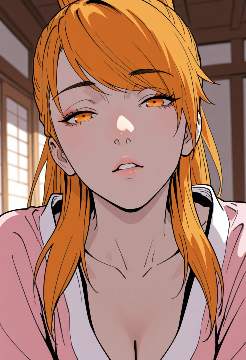 HDR, masterpiece, best quality, very aesthetic, (realistic:1.1), (flat color:1.5), xiaoninger, 1girl, solo, orange eyes, long hair, orange hair, high ponytail, sidekicks, swept bangs, eyes visible through eyes,
pink kimono, cleavage, collarbone, 
close up, pov, looking at the viewer, parted lips, half closed eyes, cleavage, indoors, detailed eyes