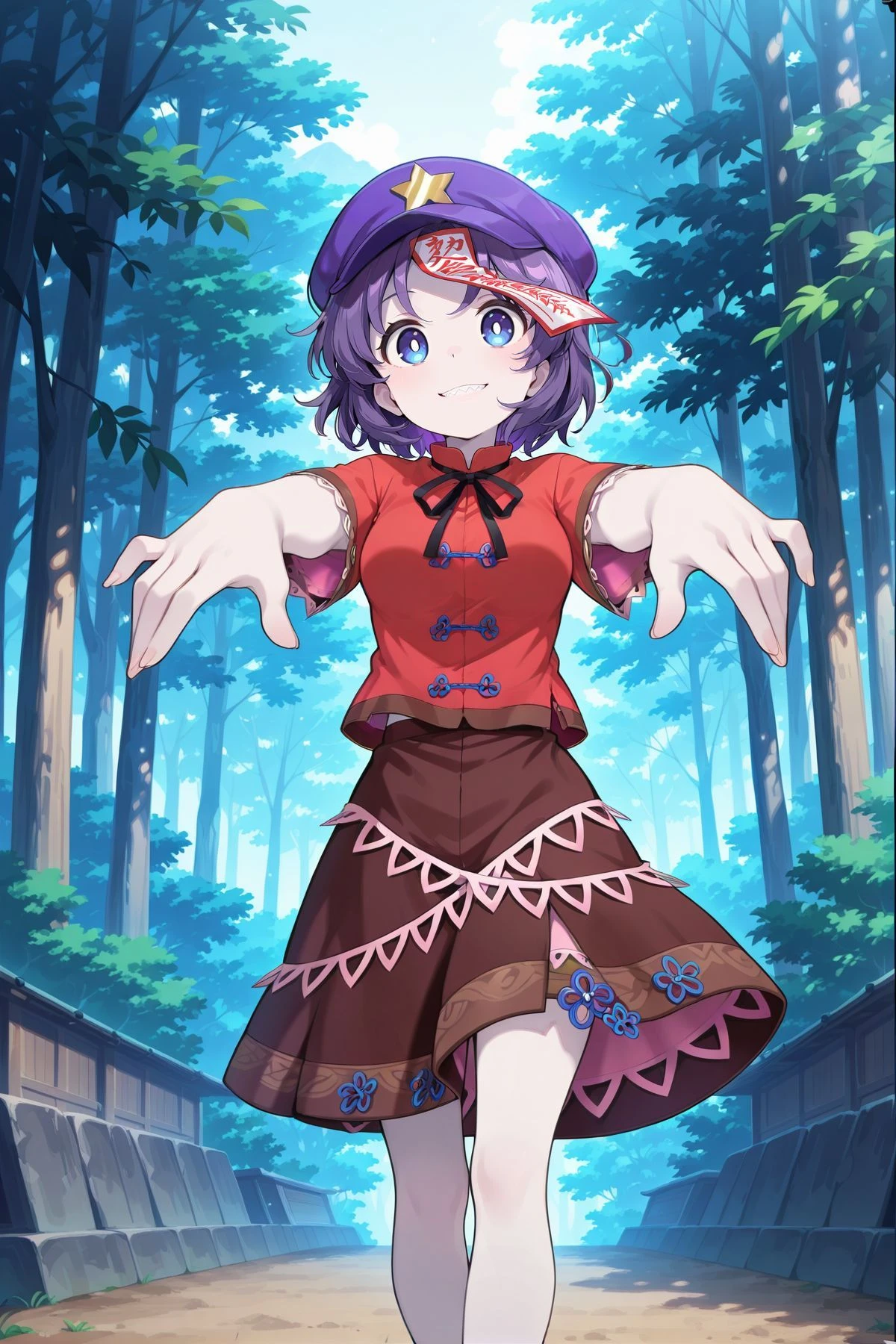 absurdres, highres, masterpiece, best quality, amazing quality, official anime artwork, screencap, anime screencap, outdoors, looking at viewer, light smile, dynamic pose, forest, standing, 
 <lora:Yoshika-Miyako_IllustriousV2:1> miyako yoshika, 1girl, solo, blue eyes, purple hair, short hair, sharp teeth, white pupils, bright pupils, pale skin, medium breasts,,  jiangshi, newsboy cap, purple hat, ofuda on head, black neck ribbon, red shirt, short sleeves, brown skirt, black shoes,