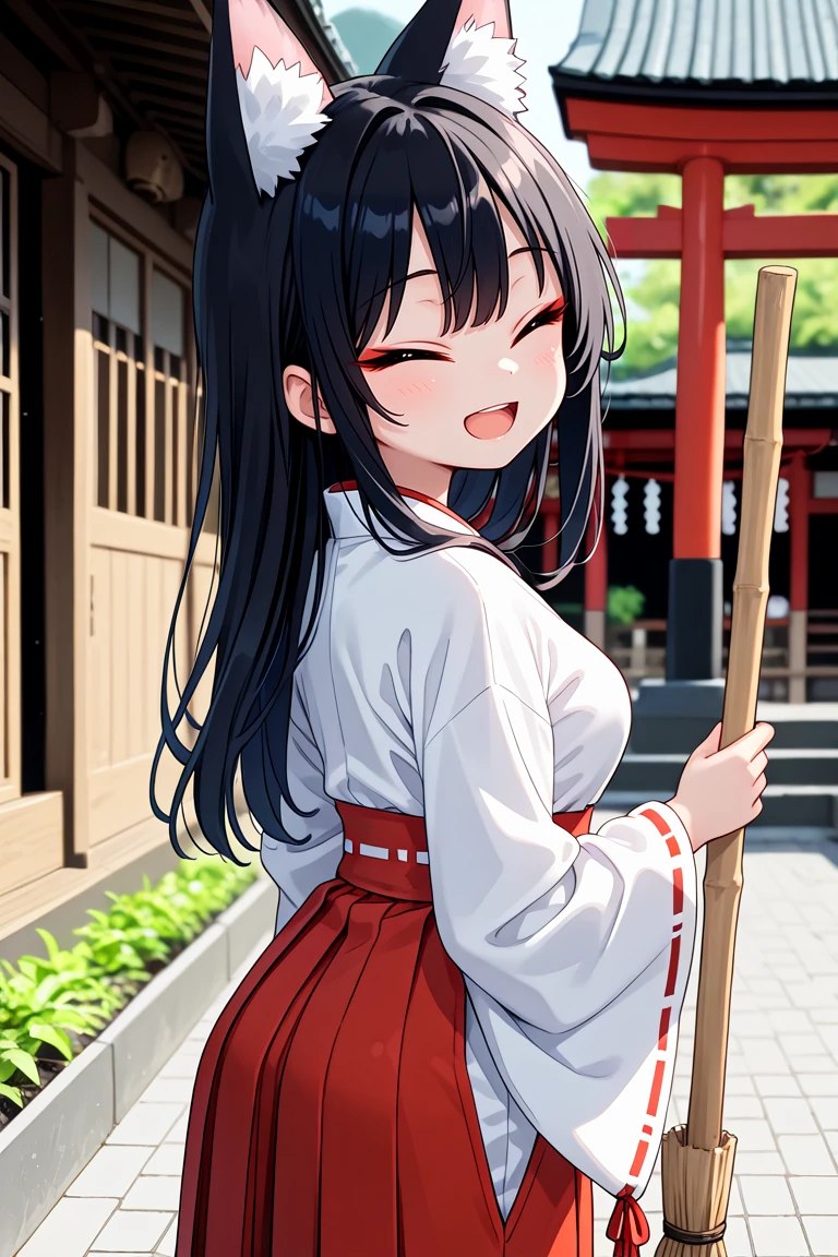 masterpiece, best quality, amazing quality, very aesthetic, absurdres,
cute round face, slender, detailed eyes, detailed hair, kawaii,
1girl, solo,
miko, wearing miko costume, from side, looking back,
smile, open mouth, (closed eyes:1.3), tsurime, fox ears,
standing, cowboy shot, looking at viewer, holding broom,
in japanese shrine, (torii:0.7), photo background, blurry background,
,
black hair, long hair
<lora:hotarueye_xl_closed3_v20:0.7>