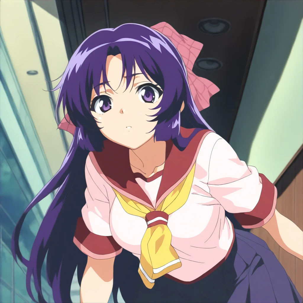 masterpiece,high score,great score,absurdres,anime coloring,looking at viewer,solo,<lora:AsukaAkiyama ag4o:1> asukaakiyama, purple hair, long hair, hair bow, purple eyes,serafuku,skirt,