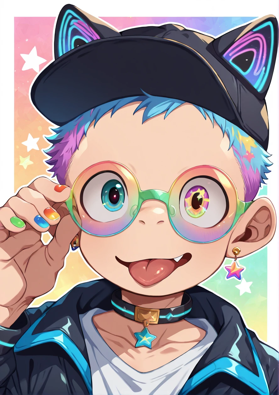 masterpiece,best quality,good quality,1boy,solo,tongue out,looking at viewer,fang,cute,adjusting eyewear,colorful nails,colorful hair,very short hair,colorful earrings,fingernails,hair accessories,colorful jewelry,colorful-framed eyewear,colorful-tinted eyewear,portrait,colorful background,colorful eyes,big round eyes,heterochromia,star \(symbol\),tinted eyewear,upper body,cat ear,headwear,cyber jacket,cyber choker,<lora:ããããwaryusya_IL7_64:1> <hypernet:ããããwaryusya-20000:1>