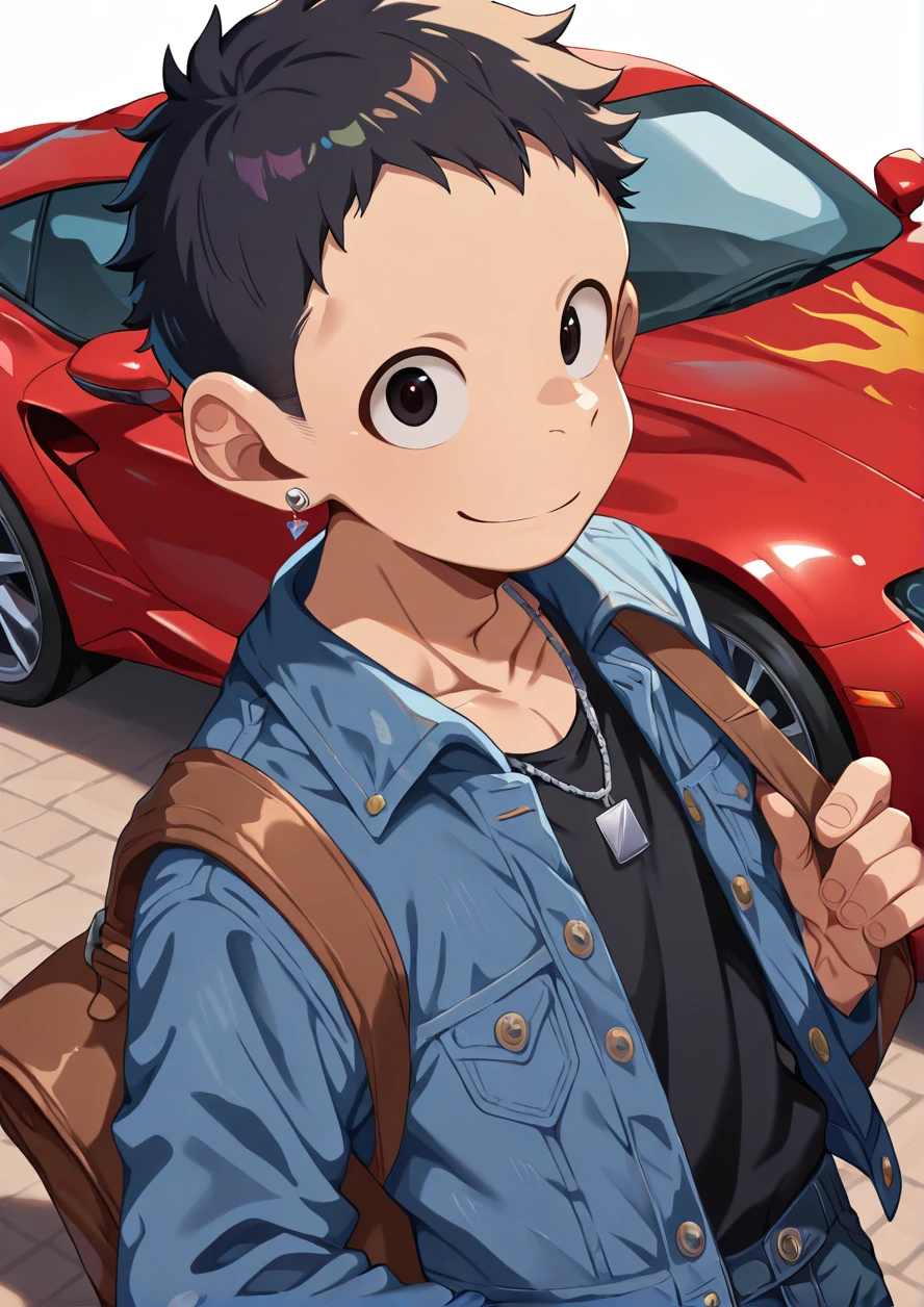 masterpiece,best quality,good quality,1boy,ferrari,red super car,long sleeve,denim jacket,silver necklace,silver earrings,black highneck,looking at viewer,black hair,very short hair,brown bag,smile,bag from shoulder,dynamic angle,<lora:ããããwaryusya_IL7_64:1> <hypernet:ããããwaryusya-20000:1>