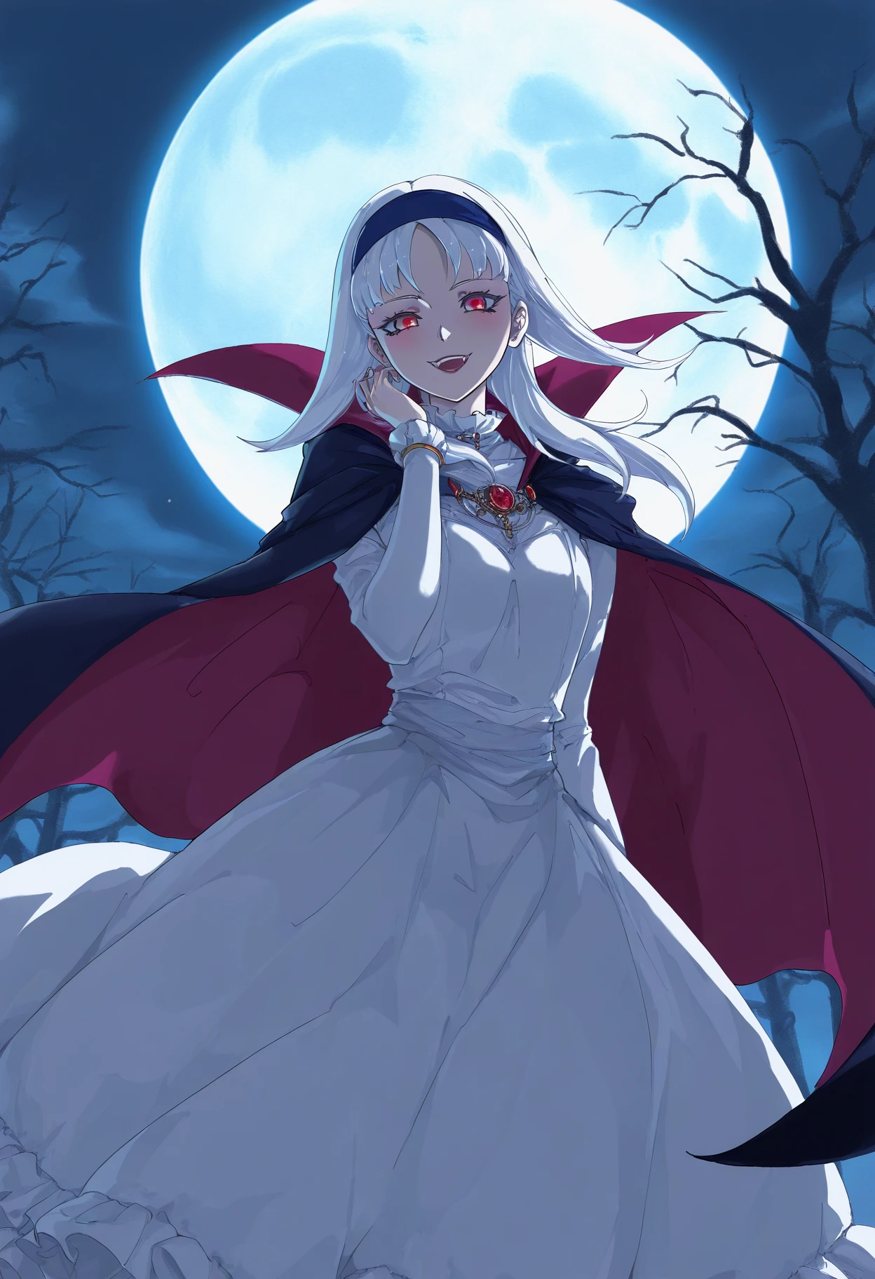 sabportrait, sierra mikain, 1girl,  tree, cape, dress, full moon, hairband, huge moon, jewelry, long hair, looking at viewer, moon, night, open mouth, red eyes, skirt, smile, solo, tree, vampire, white hair
 <lora:sab:0.9>, masterpiece, best quality, highres, absurdres