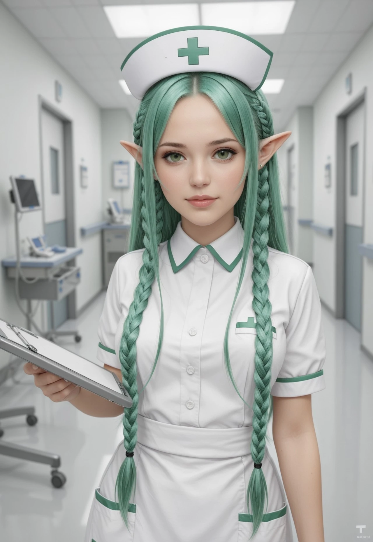 ultra detailed, masterpiece, high quality,
,
hospital
,
1girl, solo,
,
Turmalinamb2, braid, long hair, green hair, pointy ears, green eyes,
,
Nurse outfit, hat, nurse cap,
,
,
,