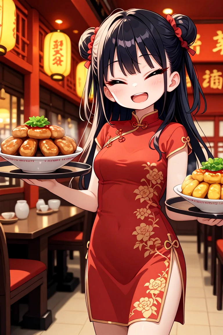 masterpiece, best quality, amazing quality, very aesthetic, absurdres,
cute round face, slender, detailed eyes, detailed hair, kawaii,
1girl, solo,
wearing (red chinese dress:1.2), (red dress:1.3),
smile, open mouth, tsurime, closed eyes,
standing, holding tray with chinese foods, cowboy shot,
in chinese restaurant, photo background, blurry background,
,
black hair, long hair
<lora:hotarueye_xl_closed3_v20:1>