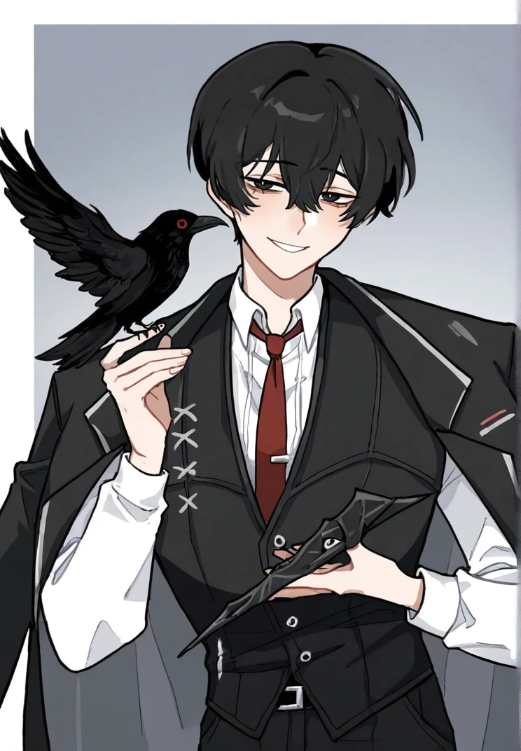 masterpiece, perfect face, beautiful face, perfect hands, beautiful hands, <lora:Yi_Sang_Limbus_Illustrious_V2:1>, 1boy, solo, YiSangLimbus, black hair, short hair, black eyes, YiSangSinner, white shirt, red necktie, black vest, black pants, black jacket, jacket on shoulders, upper body, portrait, holding raven on hand, smile
