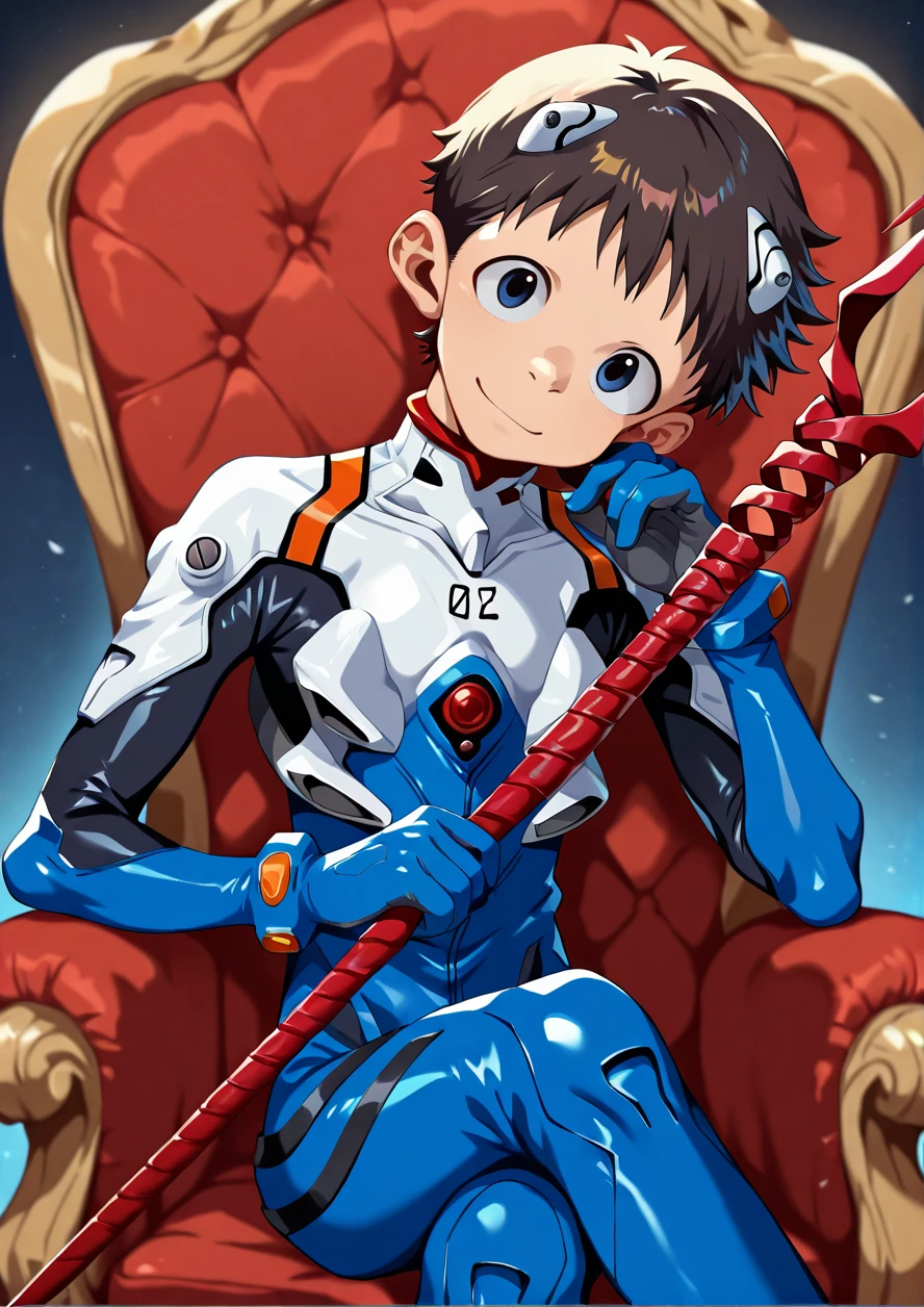 masterpiece,best quality,good quality,1boy,ikari shinji \(evangelion\),neon genesis evangelion,solo,male focus,blue eyes,dark brown hair,big round eyes,smile,blue plugsuit,sitting on throne,crossed legs,(head tilt),holding weapon,lance of longinus,cowboy shot,depth of field,faux traditional media,<lora:ããããwaryusya_IL7_64:1> <hypernet:ããããwaryusya-20000:1>