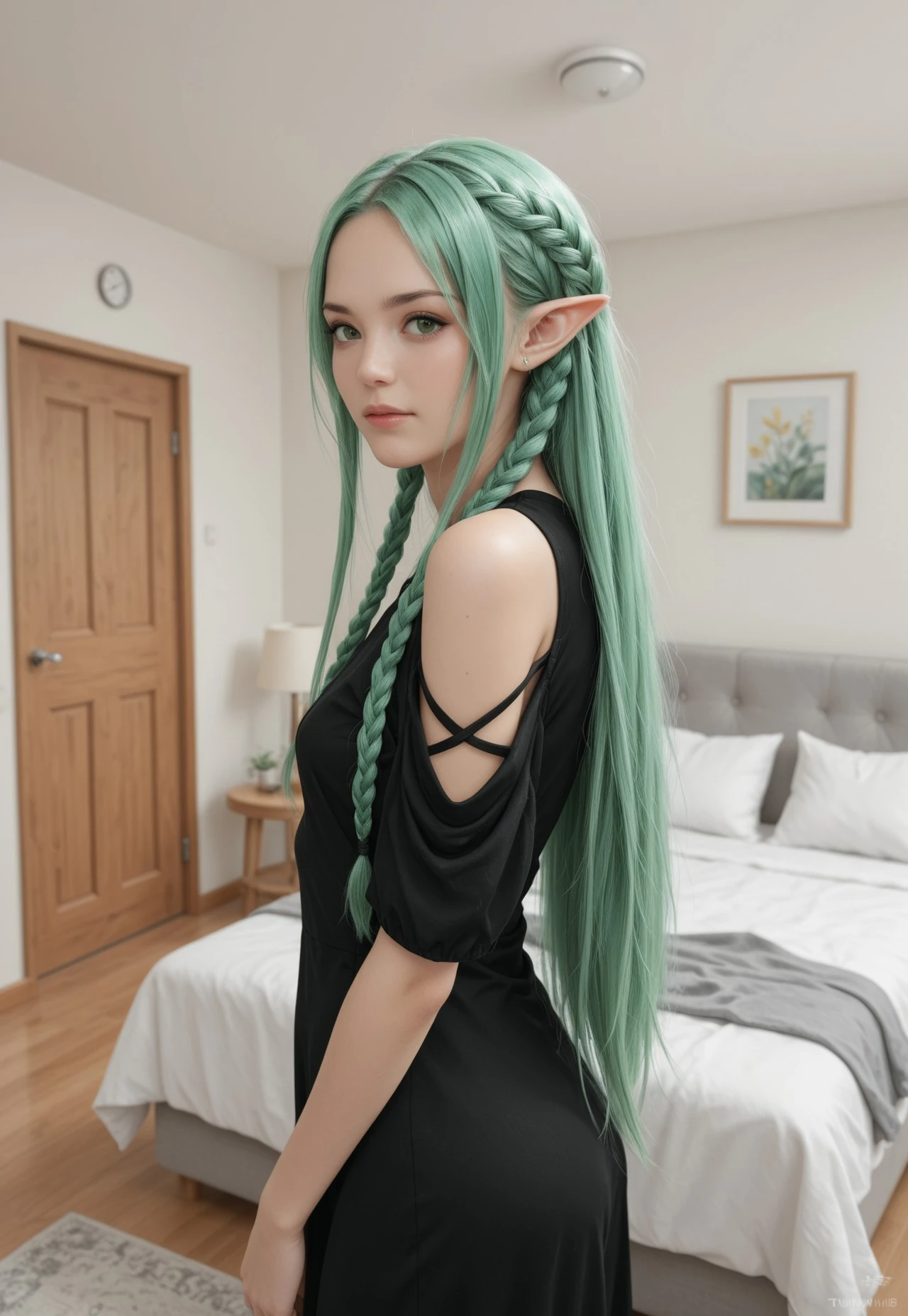 ultra detailed, masterpiece, high quality, 
, 
indoors, room, posing
,
1girl, solo,
,
Turmalinamb2, braid, long hair, green hair, pointy ears, green eyes,
,
Dress, black dress, shoulder cutout,
,

,

,
