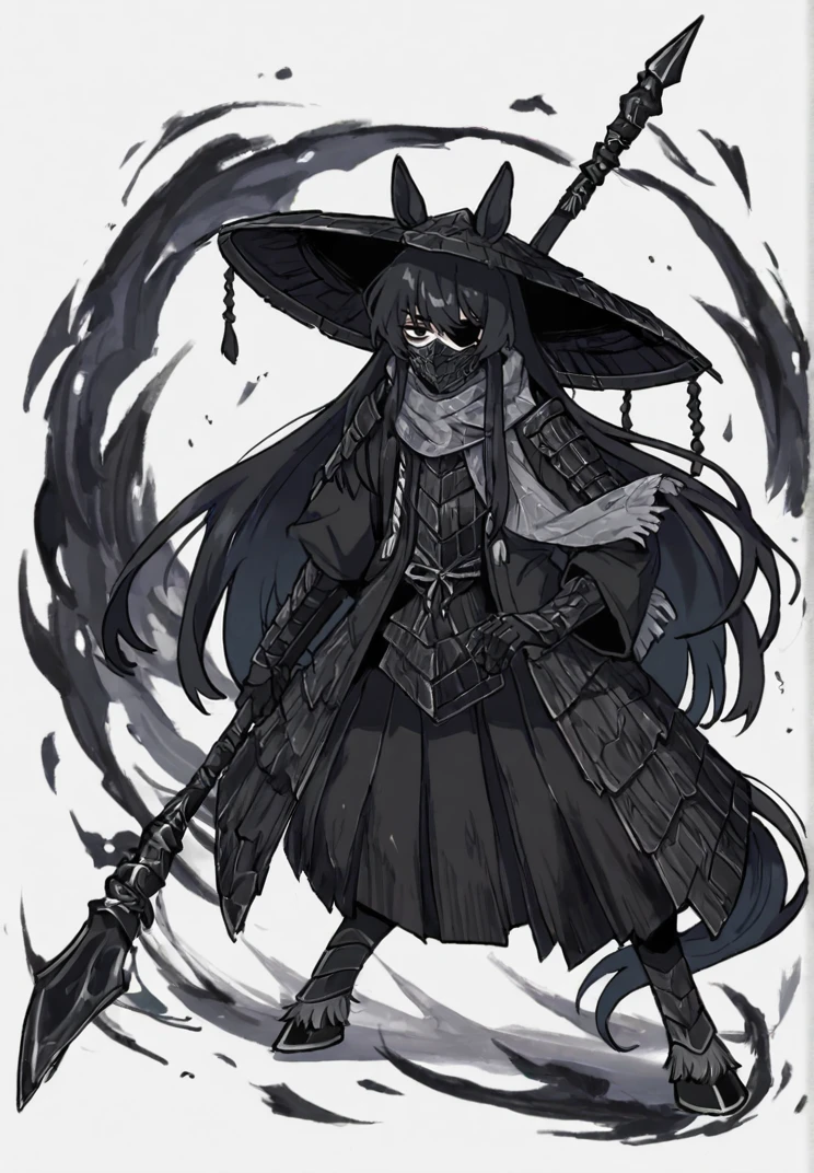 masterpiece, perfect face, beautiful face, perfect hands, beautiful hands, <lora:Yi_Sang_Limbus_Illustrious_V2:1>, 1boy, solo, YiSangLimbus, black hair, long hair, black eyes, YiSangHeishou, grey print scarf, black eyepatch, armored mouthmask, black asian conical hat, black robe, black plate chestplate, black pants, black arm armor, black leg armor, horse ears, black horse tail, armored hooves, holding polearm, full body, portrait, simple white background, looking at viewer, sad, serious, standing, dynamic pose, fight pose