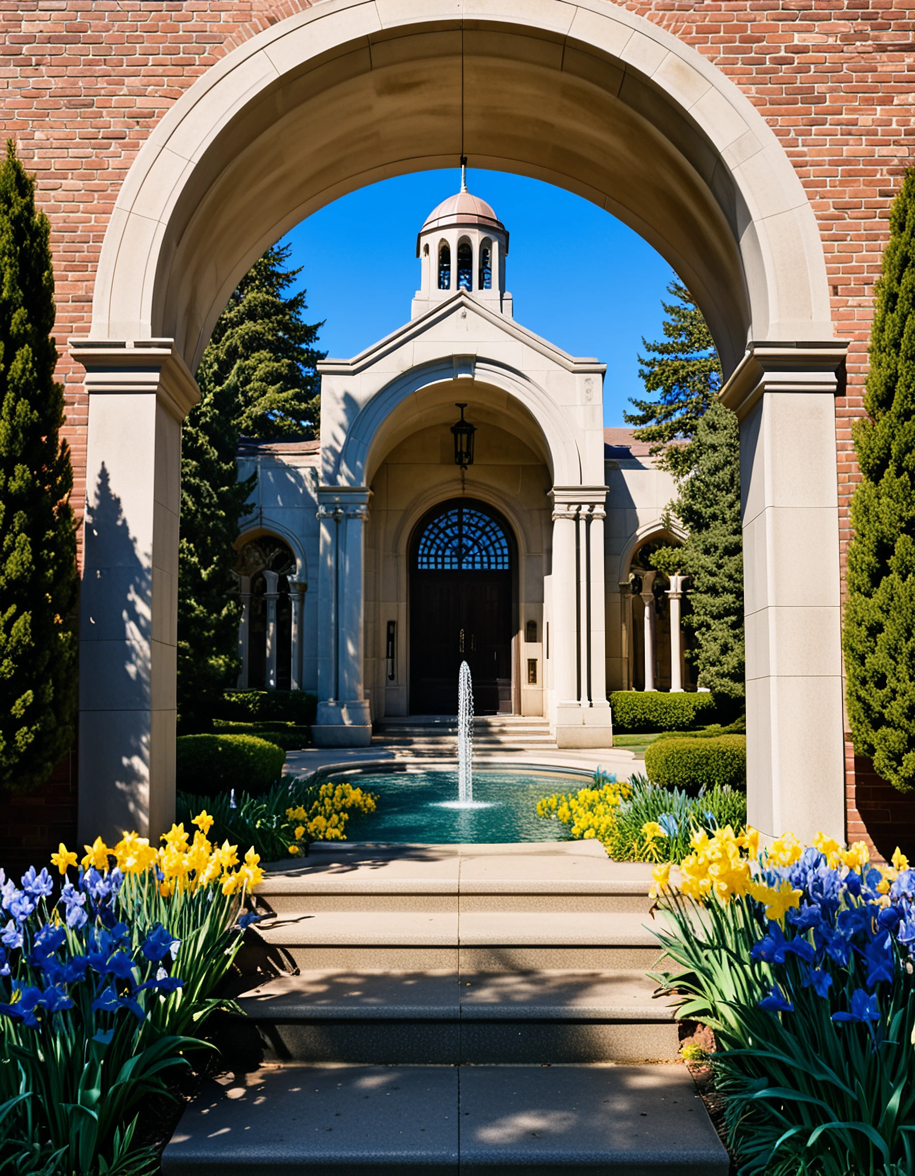 college entrance, Art deco style, bell tower, grand staircase to double doors under archway, modest fountain in foreground with feminine abstract statuary, blue skies, juniper, daffodils, irises, pine trees, dappled sunlight, "BRESTIN"