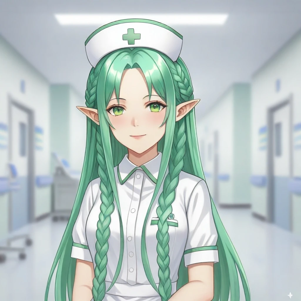 Turmalinamb2, braid, long hair, green hair, pointy ears, green eyes,1girl, solo,Nurse outfit, hat, nurse cap,