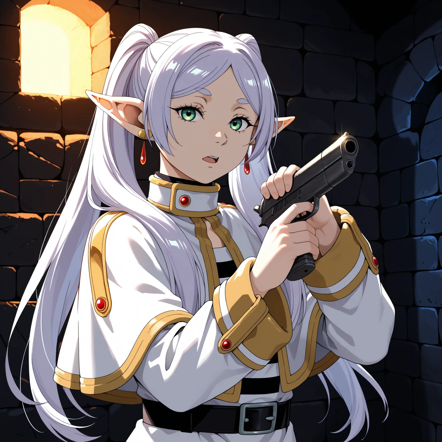 holding gun, handgun, trigger discipline, 1girl, frieren, looking at viewer, open mouth, upper body, dim lighting, dungeon, stone wall, <lora:Im_a_healer_but_meme-000010:1>
